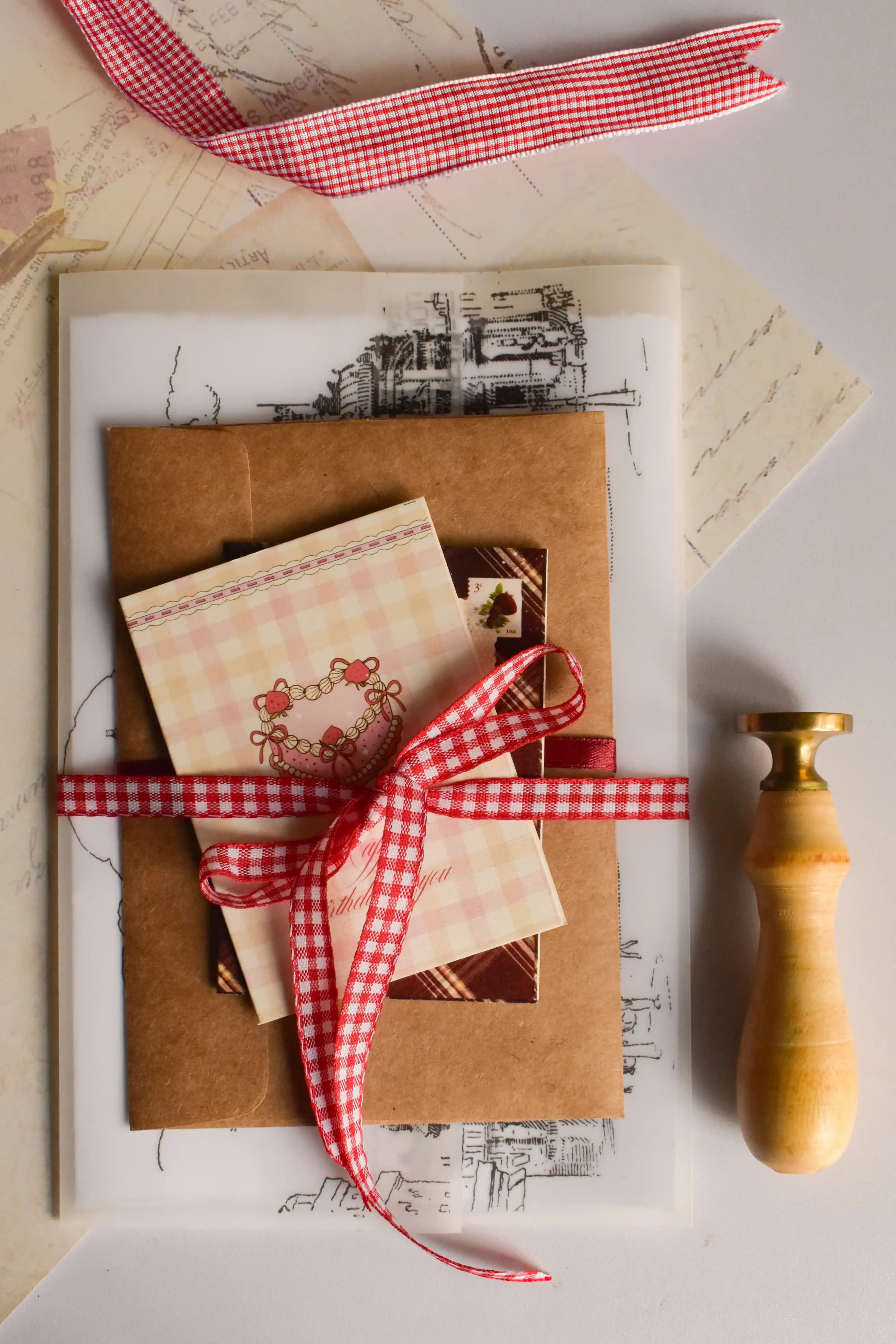 Thoughtful birthday stationery bundle featuring an Ink and Whimsy Letter, vintage poetry postcards and greeting cards arranged together.