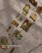Cottagecore spring-themed stickers on a wooden surface
