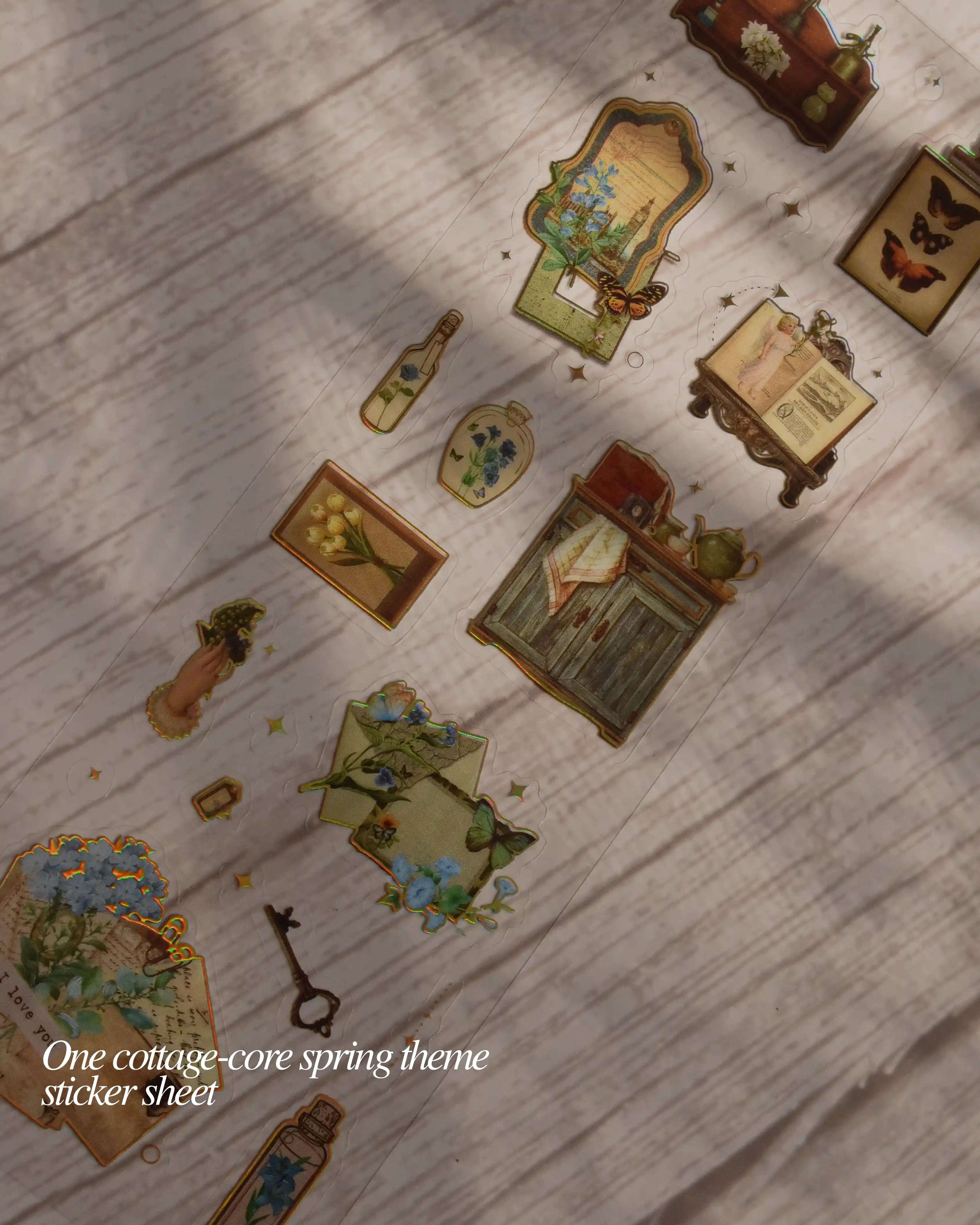 Cottagecore spring-themed stickers on a wooden surface