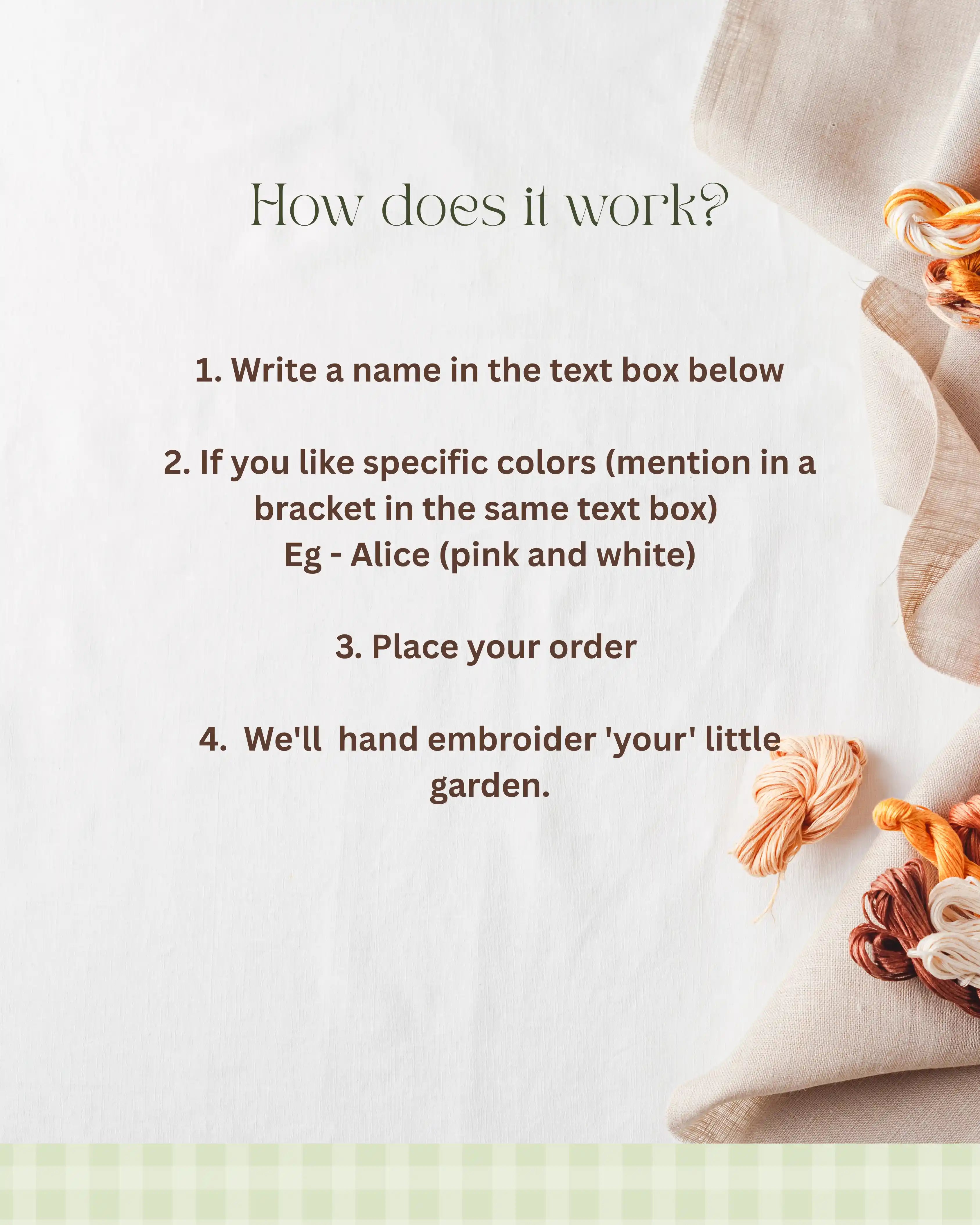 Infographic titled 'How does it work?' detailing 4 steps to order a custom hand embroidered hoop, including adding name and colour preference.