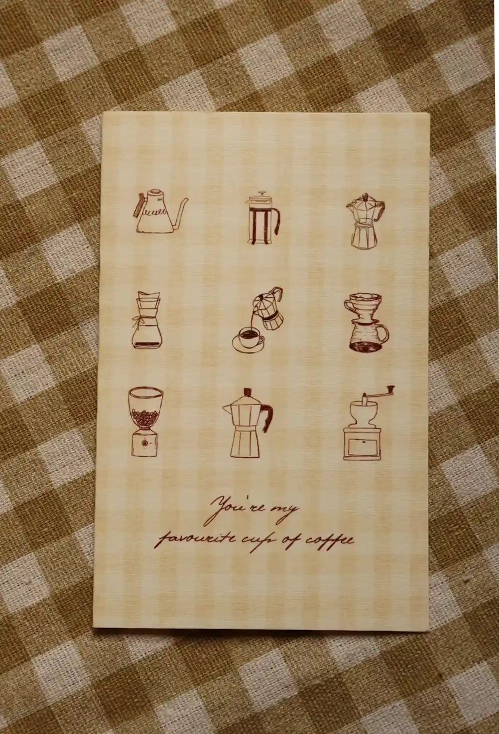 Favourite Cup of Coffee Greeting Card | 4 × 6 Inch Vintage Gingham Card with Maroon Envelope