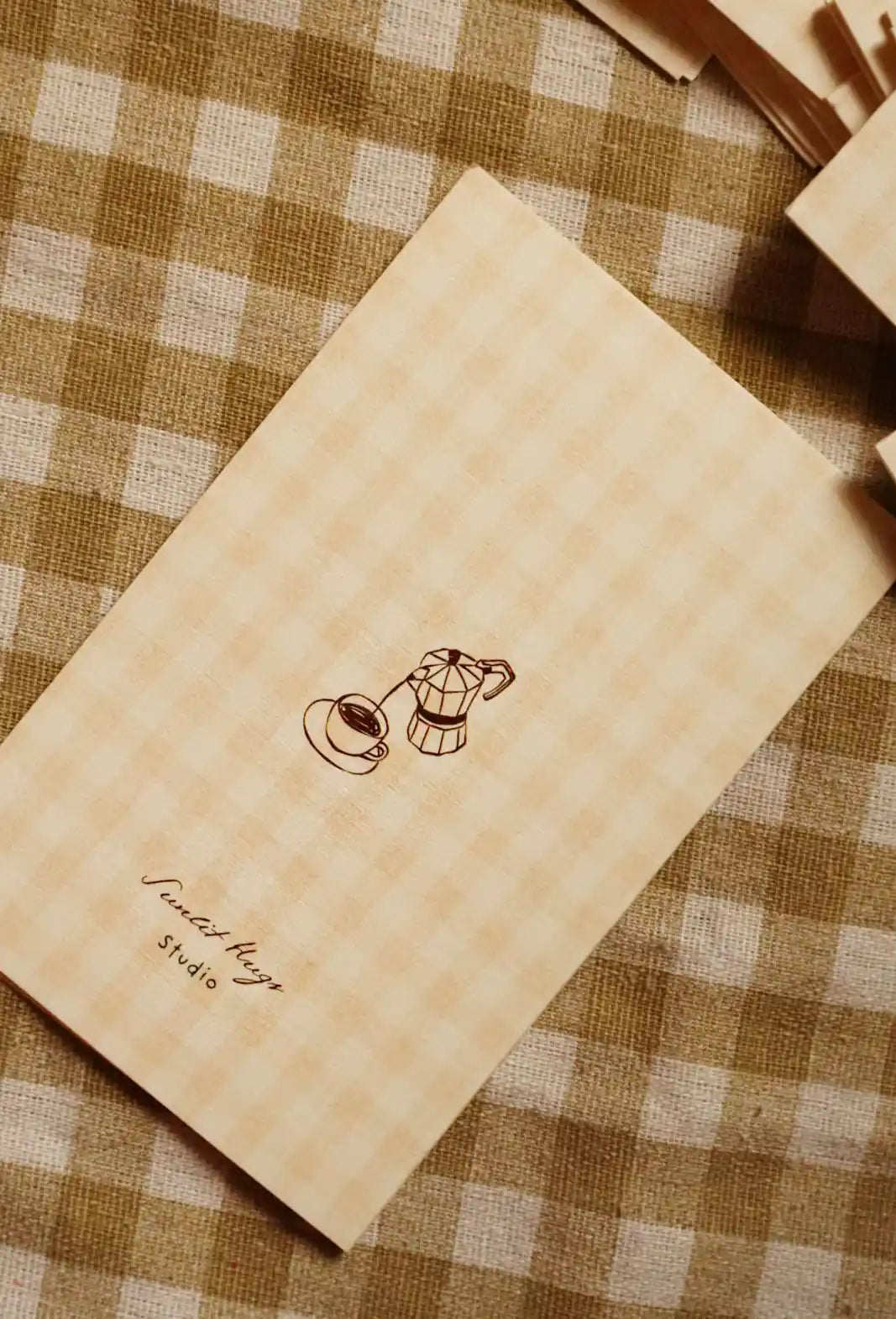 Favourite Cup of Coffee Greeting Card | 4 × 6 Inch Vintage Gingham Card with Maroon Envelope