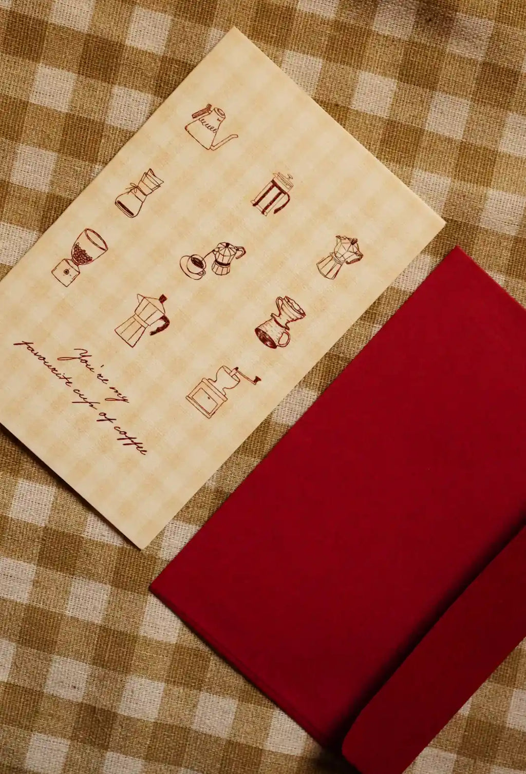 Favourite Cup of Coffee Greeting Card | 4 × 6 Inch Vintage Gingham Card with Maroon Envelope