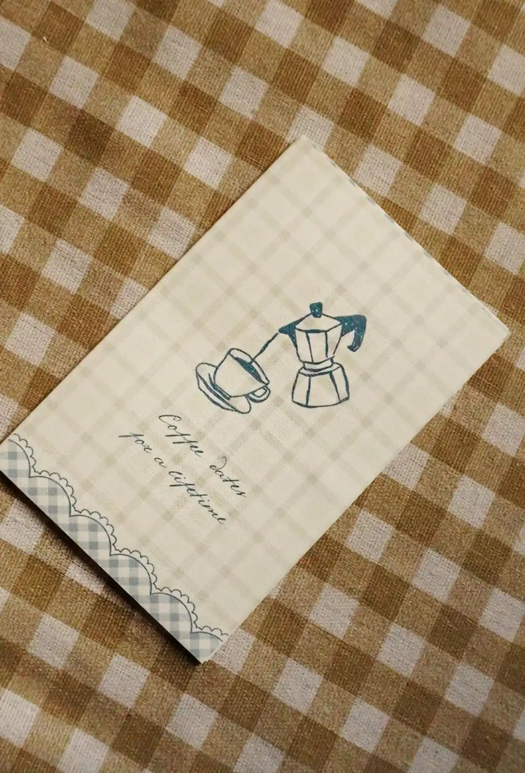 Coffee Dates Greeting Card | 4 × 6 Inch Vintage Gingham Card with Blue Envelope