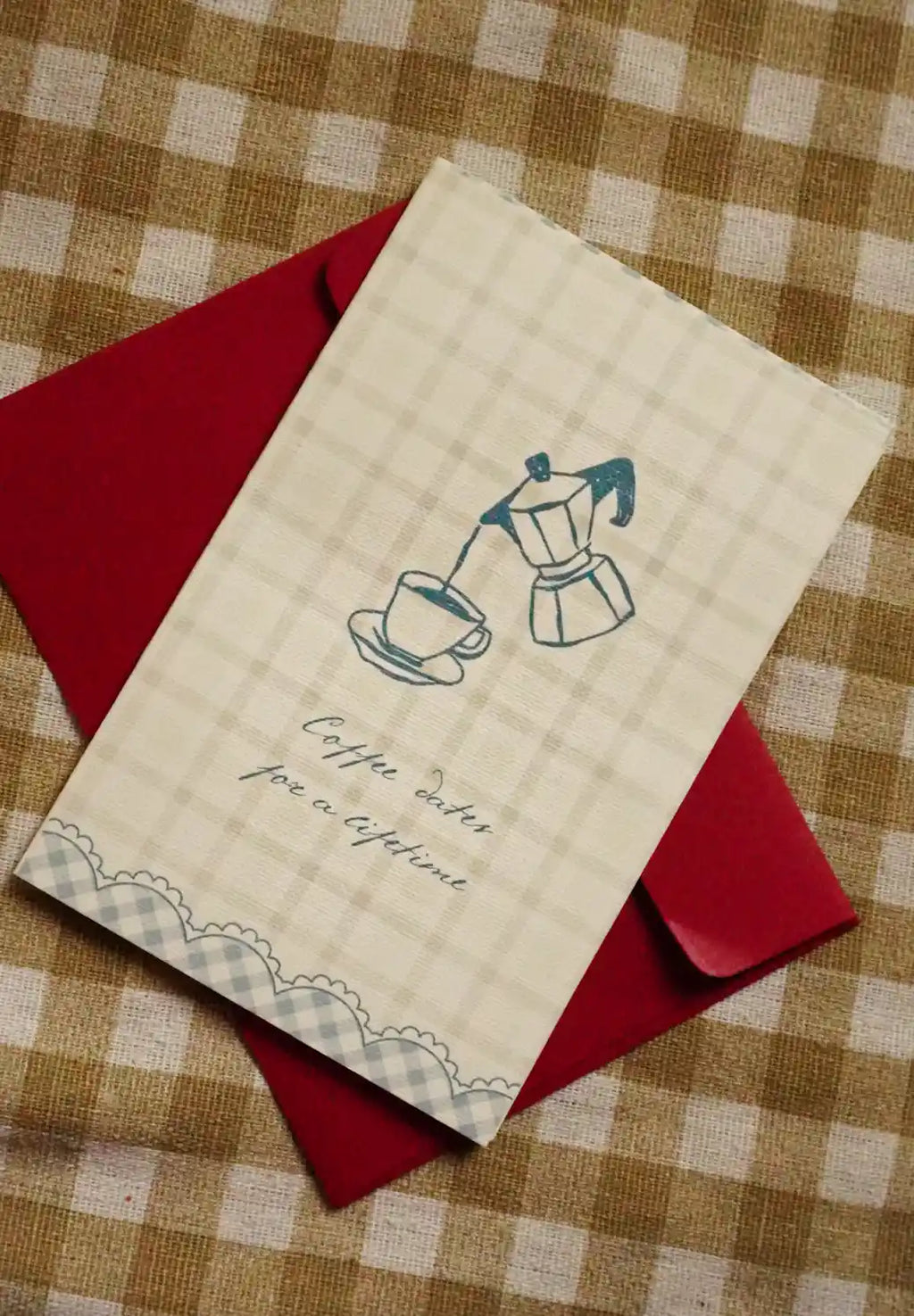 Coffee Dates Greeting Card | 4 × 6 Inch Vintage Gingham Card with Blue Envelope
