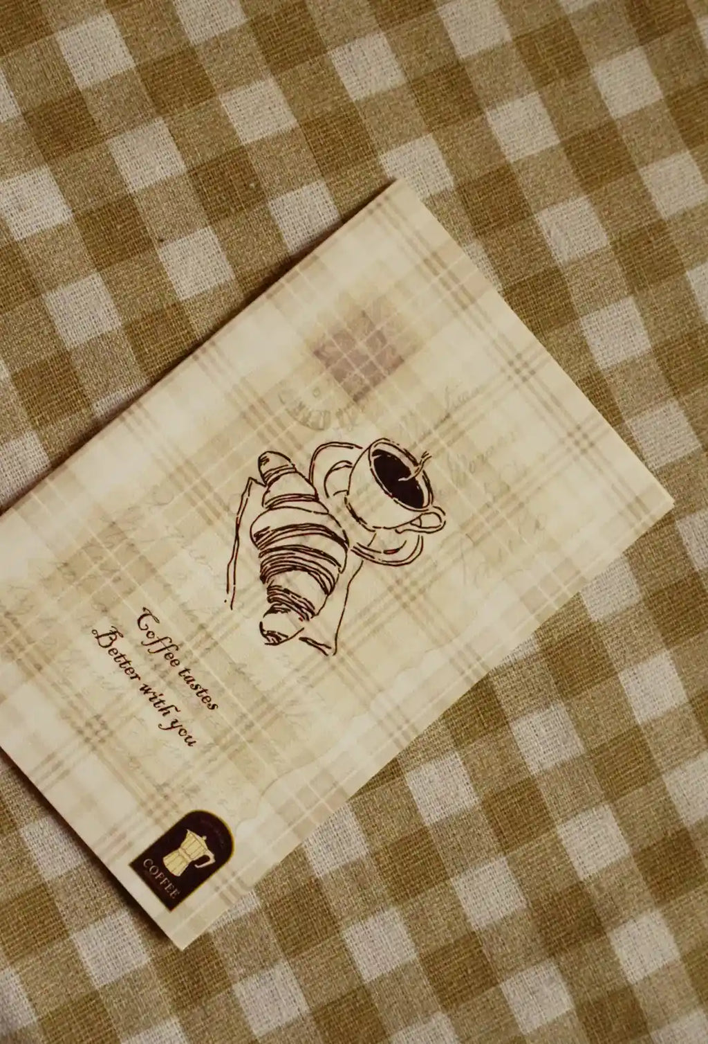 Coffee Tastes Better With You Greeting Card | 4 × 6 Inch Vintage Plaid Card with Maroon Envelope