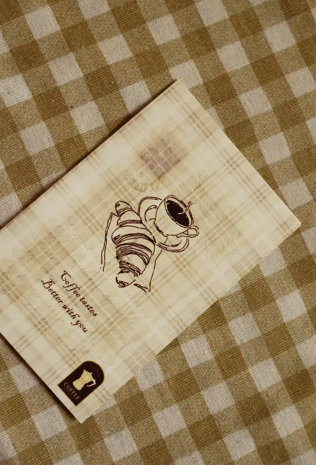 Coffee Tastes Better With You Greeting Card | 4 × 6 Inch Vintage Plaid Card with Maroon Envelope