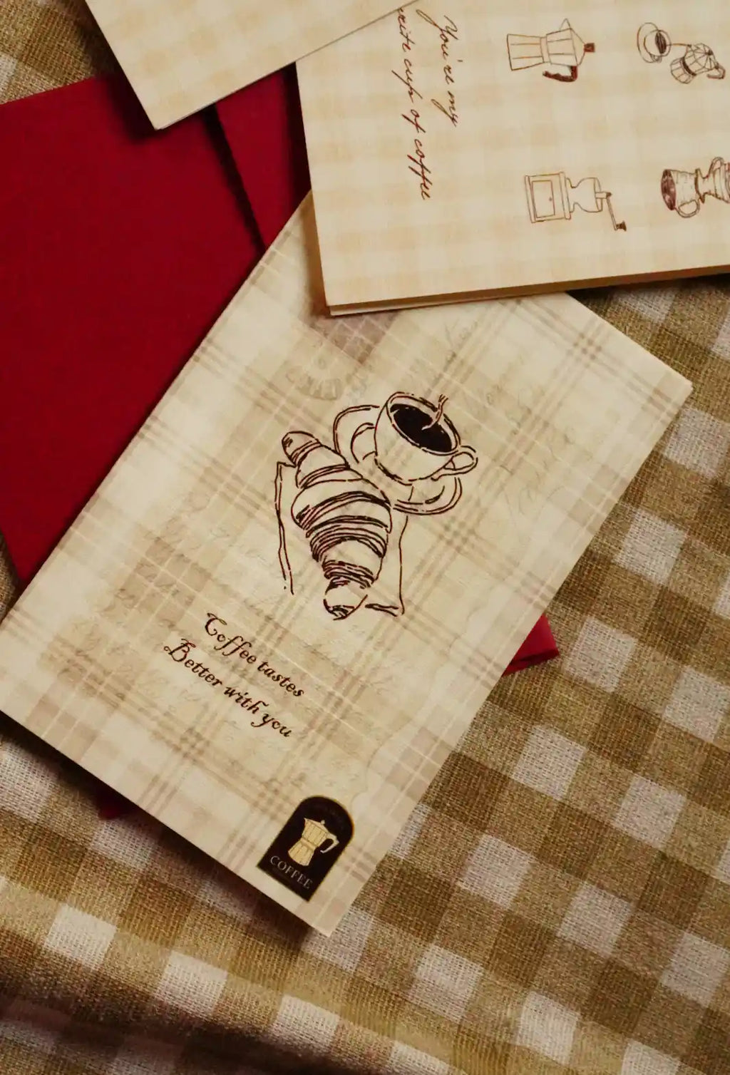 Coffee Tastes Better With You Greeting Card | 4 × 6 Inch Vintage Plaid Card with Maroon Envelope