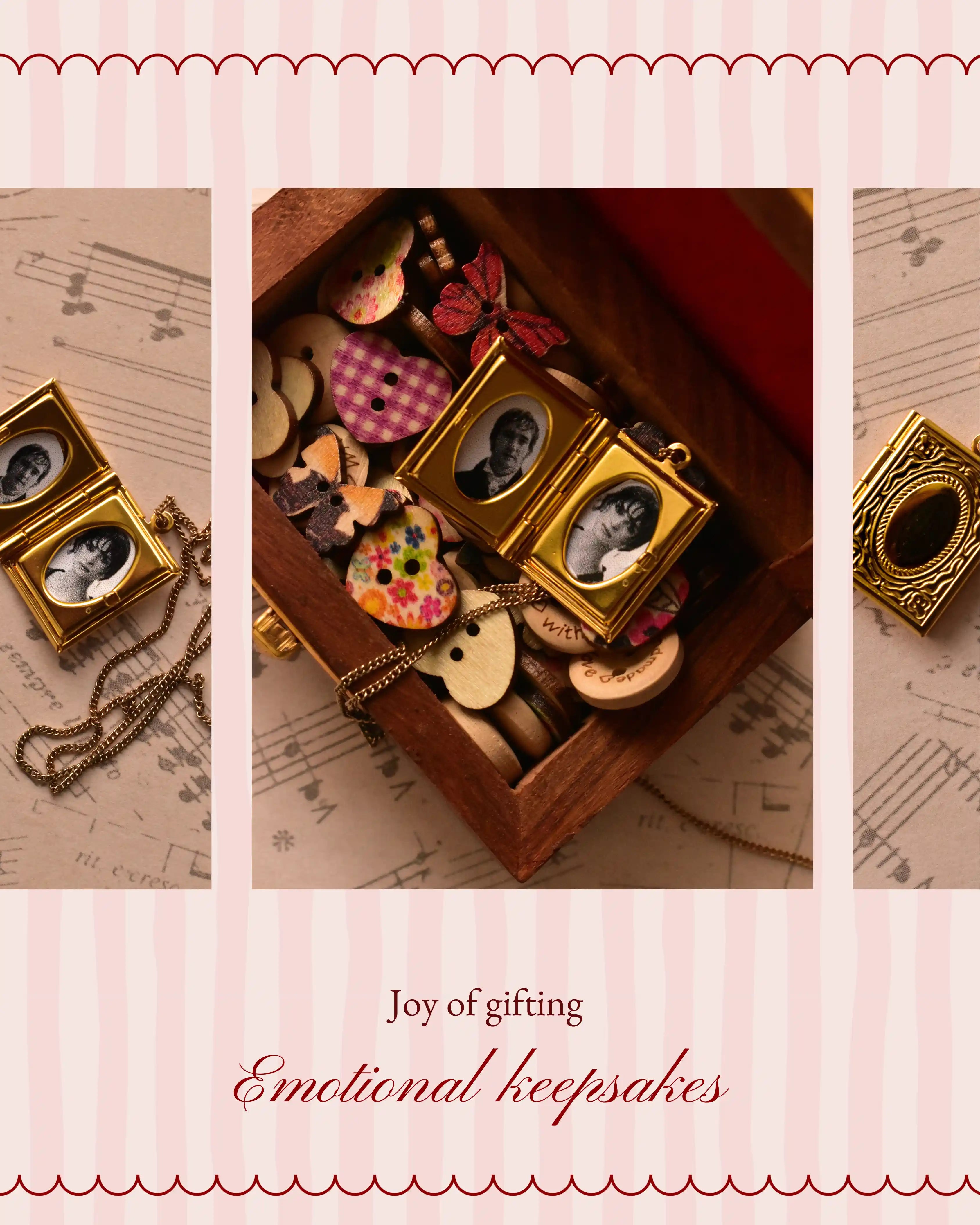 A visual collage emphasizing the 'Joy of gifting' and 'Emotional keepsakes', featuring the golden memory locket nestled among nostalgic buttons to highlight its value as a treasured, sentimental gift.