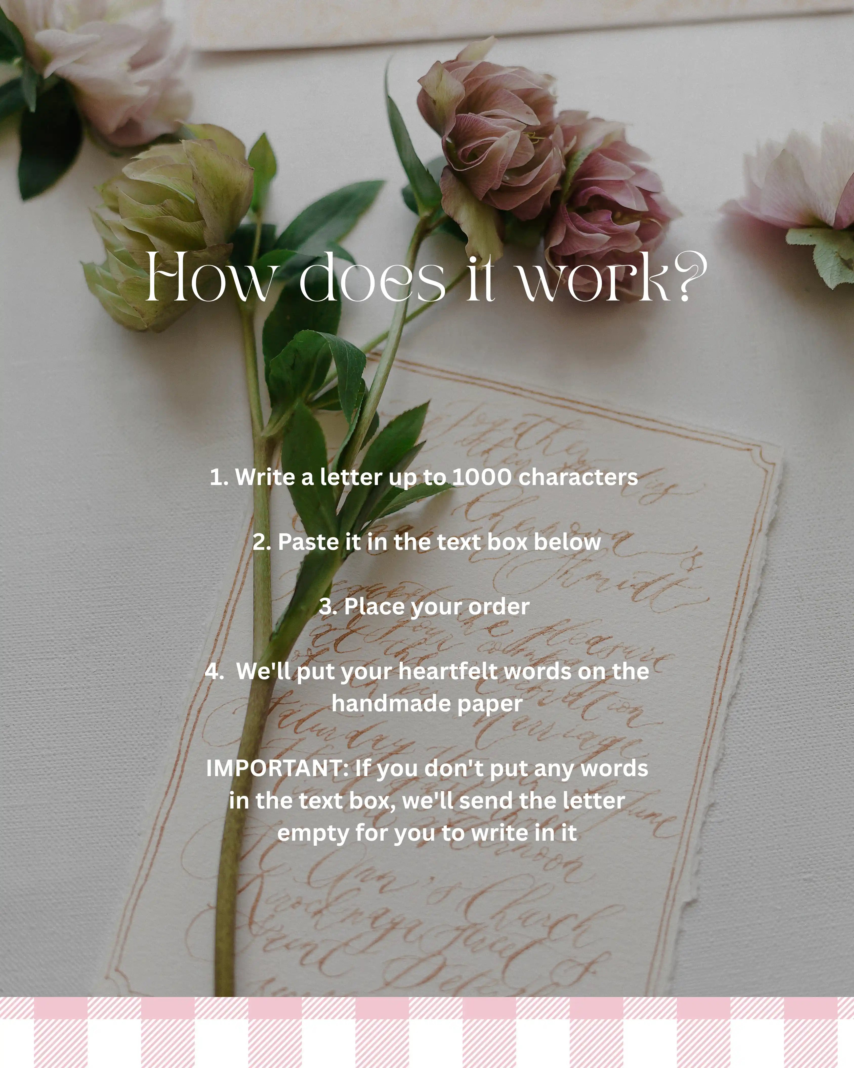 Infographic showing 4 steps to order a custom letter, featuring a handwritten script on handmade paper with flowers.