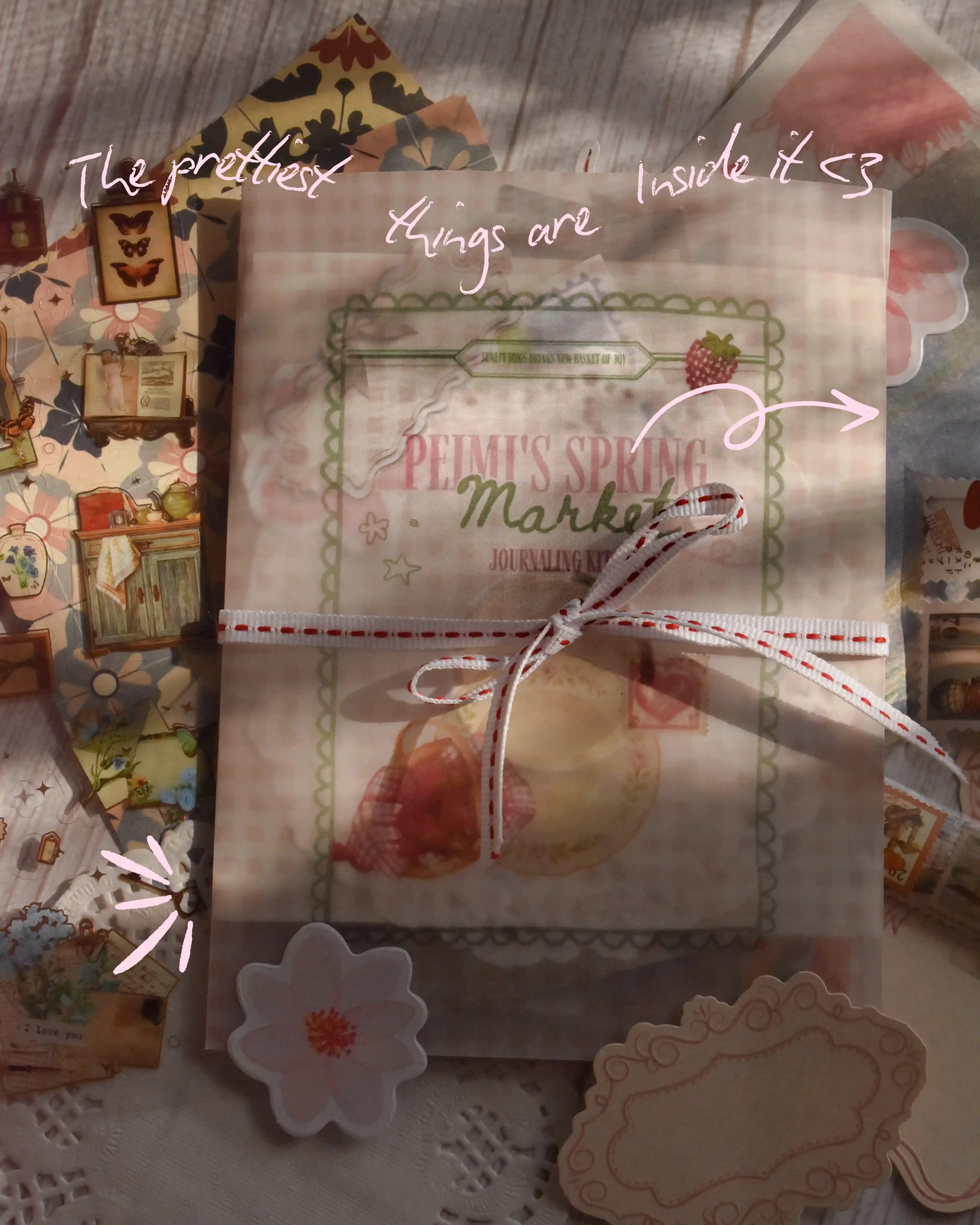 Decorative package with 'Peimi's Spring Market' label on a textured background. A teaser image introducing the contents of the kit.