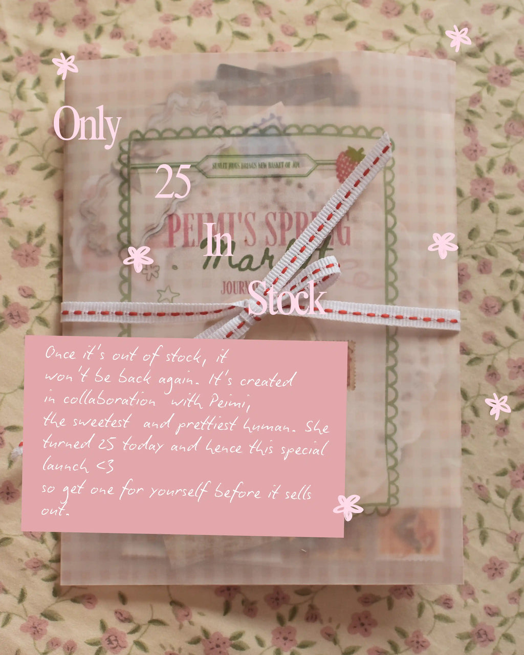 Product packaging with a pink label on a floral background