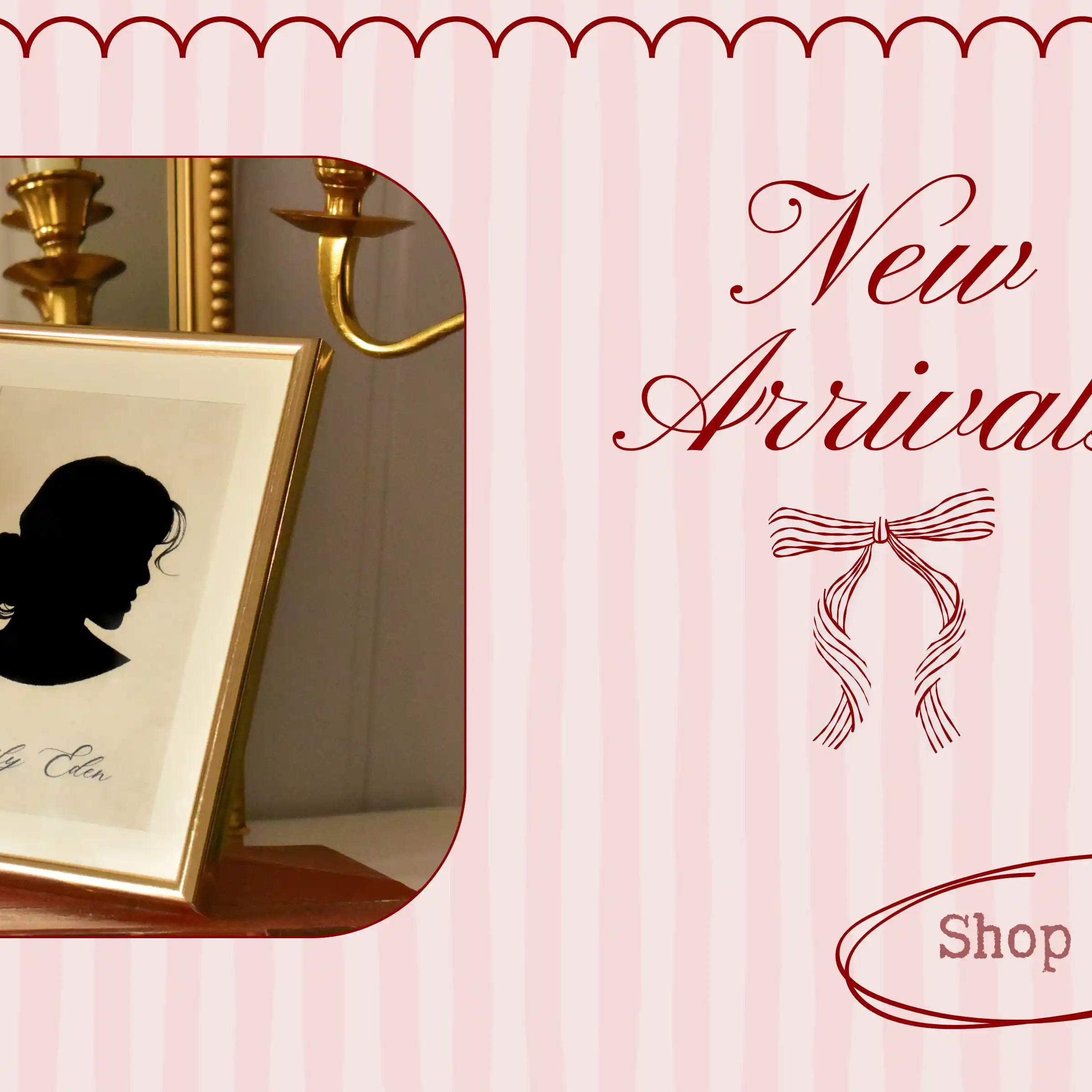 The main homepage banner promoting 'New Arrivals' and featuring a custom golden-framed black silhouette portrait (Emily Eden), inviting visitors to explore the latest personalised gifts.