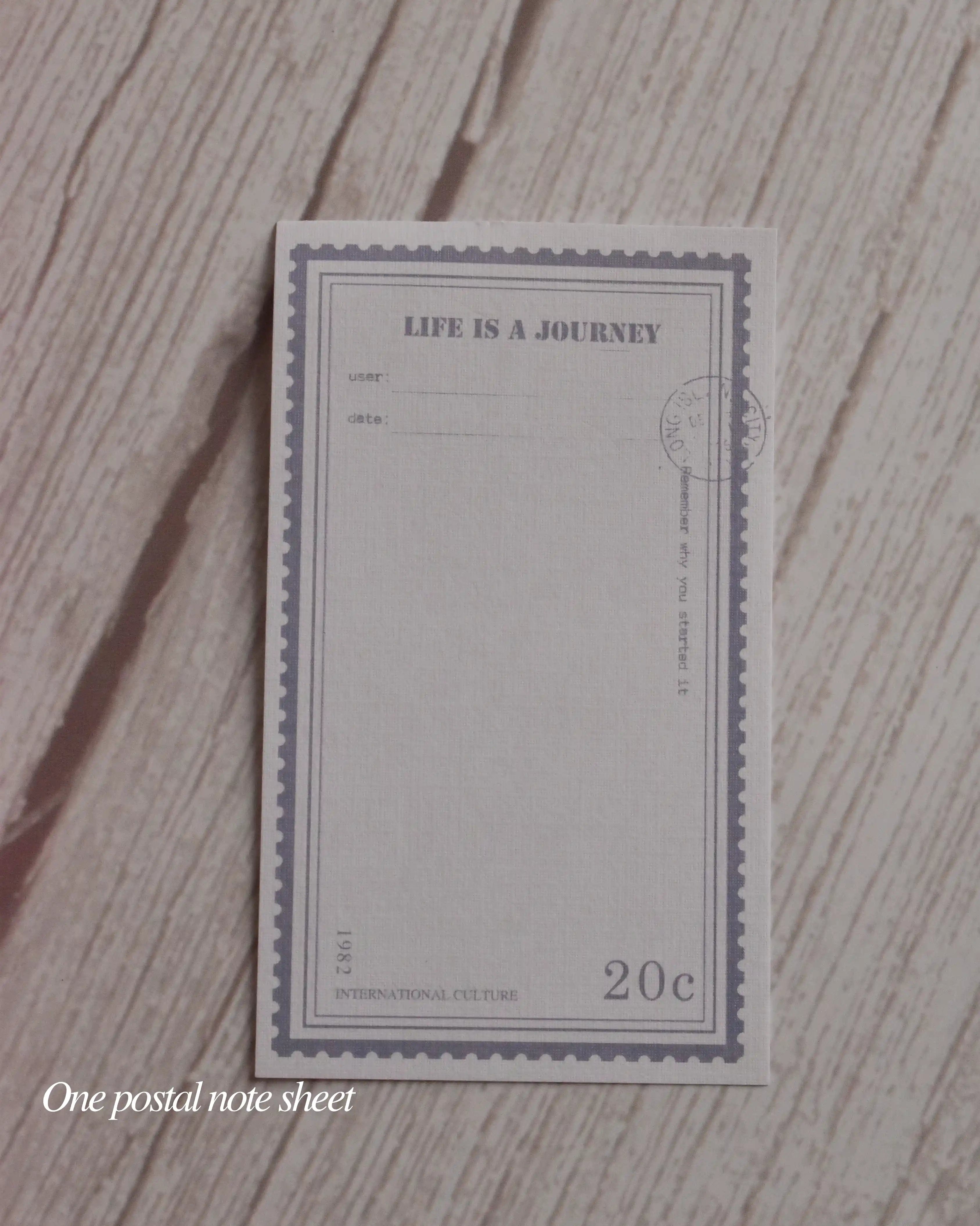 Postal note sheet with 'Life is a Journey' text on a textured surface