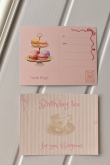 This view displays both the front and back design together, illustrating the full elegance of the Birthday Tea Postcard design set against a neutral background.