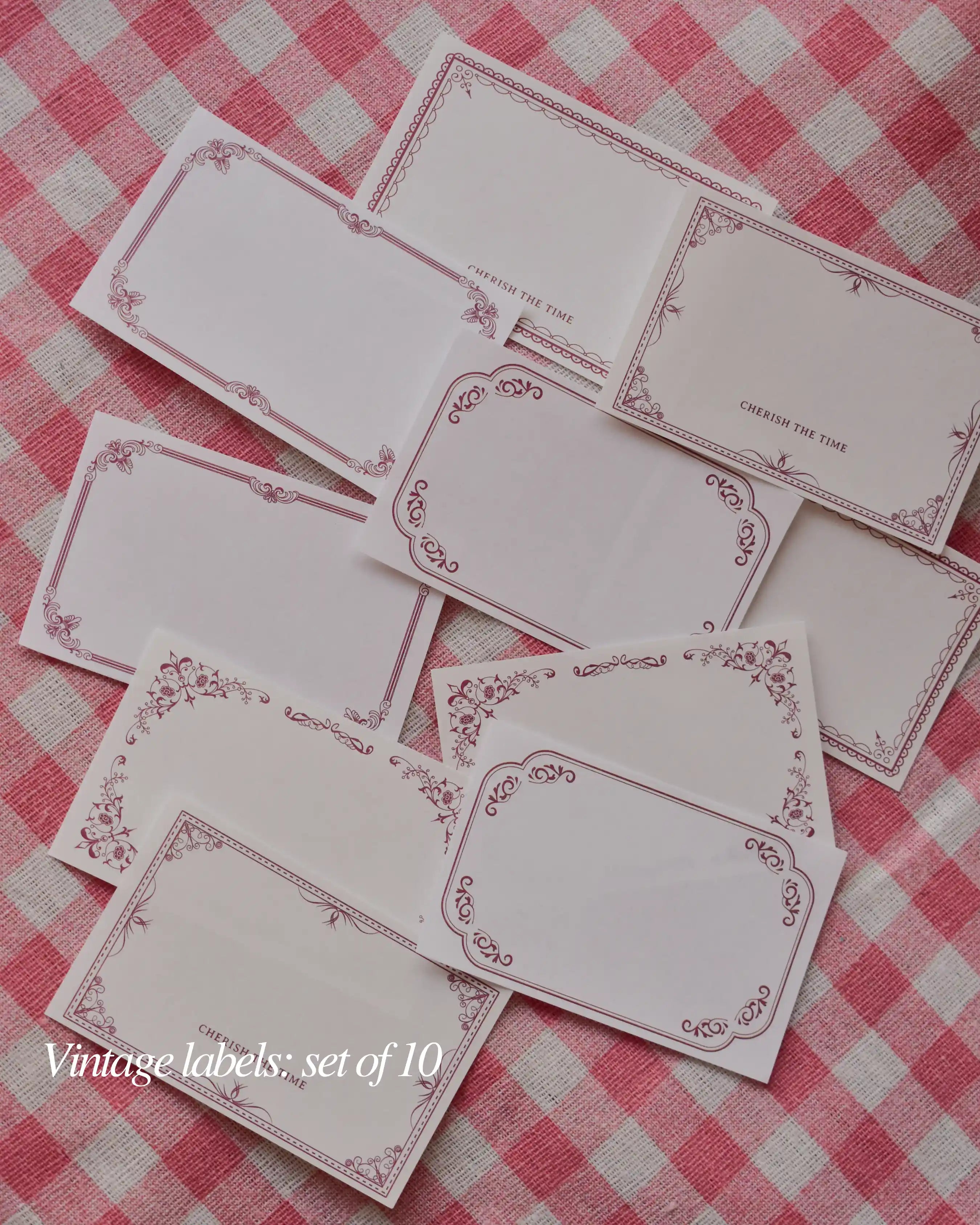 Set of ten vintage labels with decorative red borders and frames, for titles or small notes.