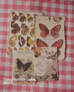 Set of four vintage butterfly papers with scientific and artistic illustrations in brown, orange, and black tones.