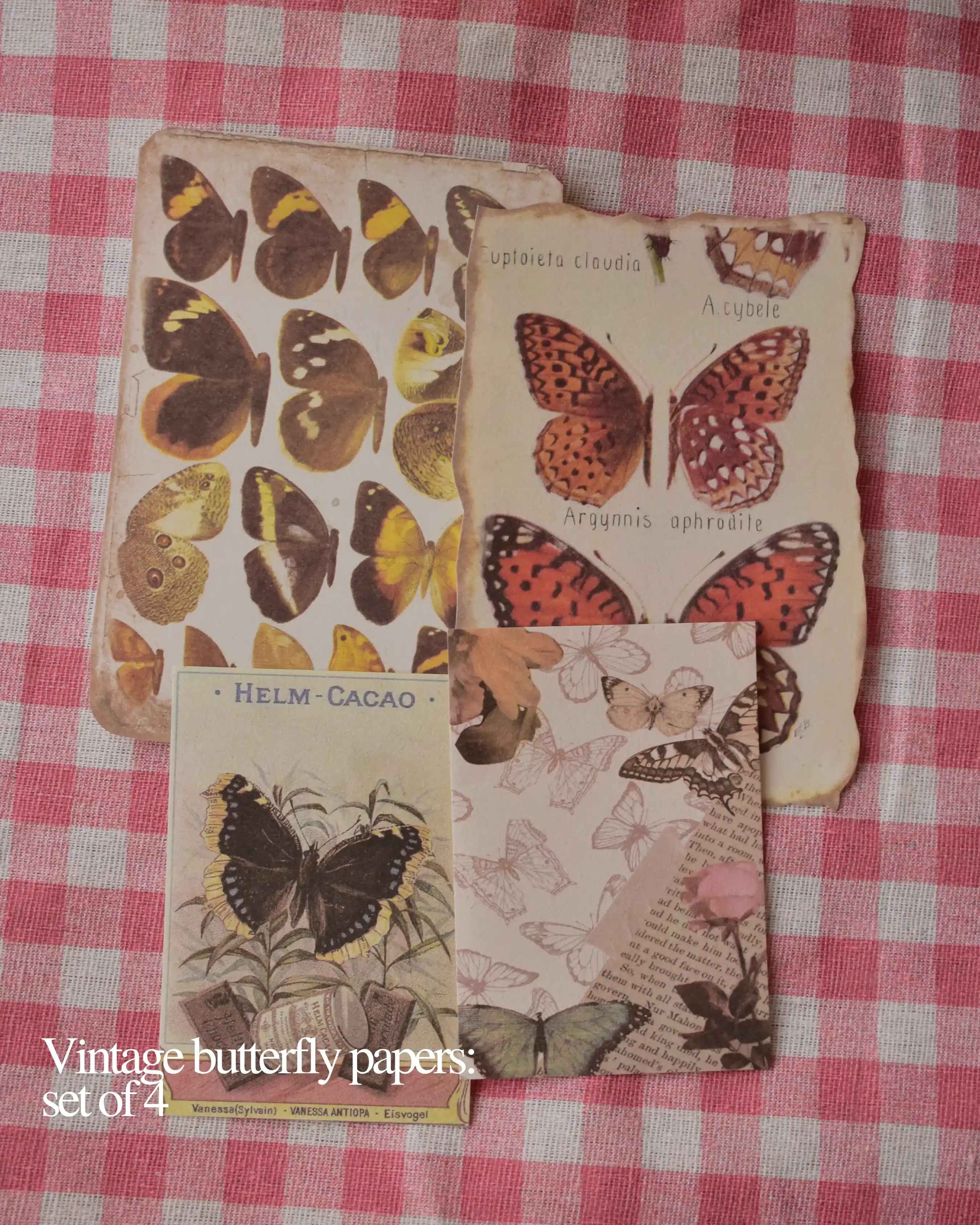 Set of four vintage butterfly papers with scientific and artistic illustrations in brown, orange, and black tones.