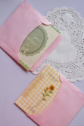 Two different vintage-style greeting cards partially tucked into two separate pink envelopes, both resting on a white lace paper doily. The top card is green and white striped, and the bottom card is yellow gingham with a sunflower stem.