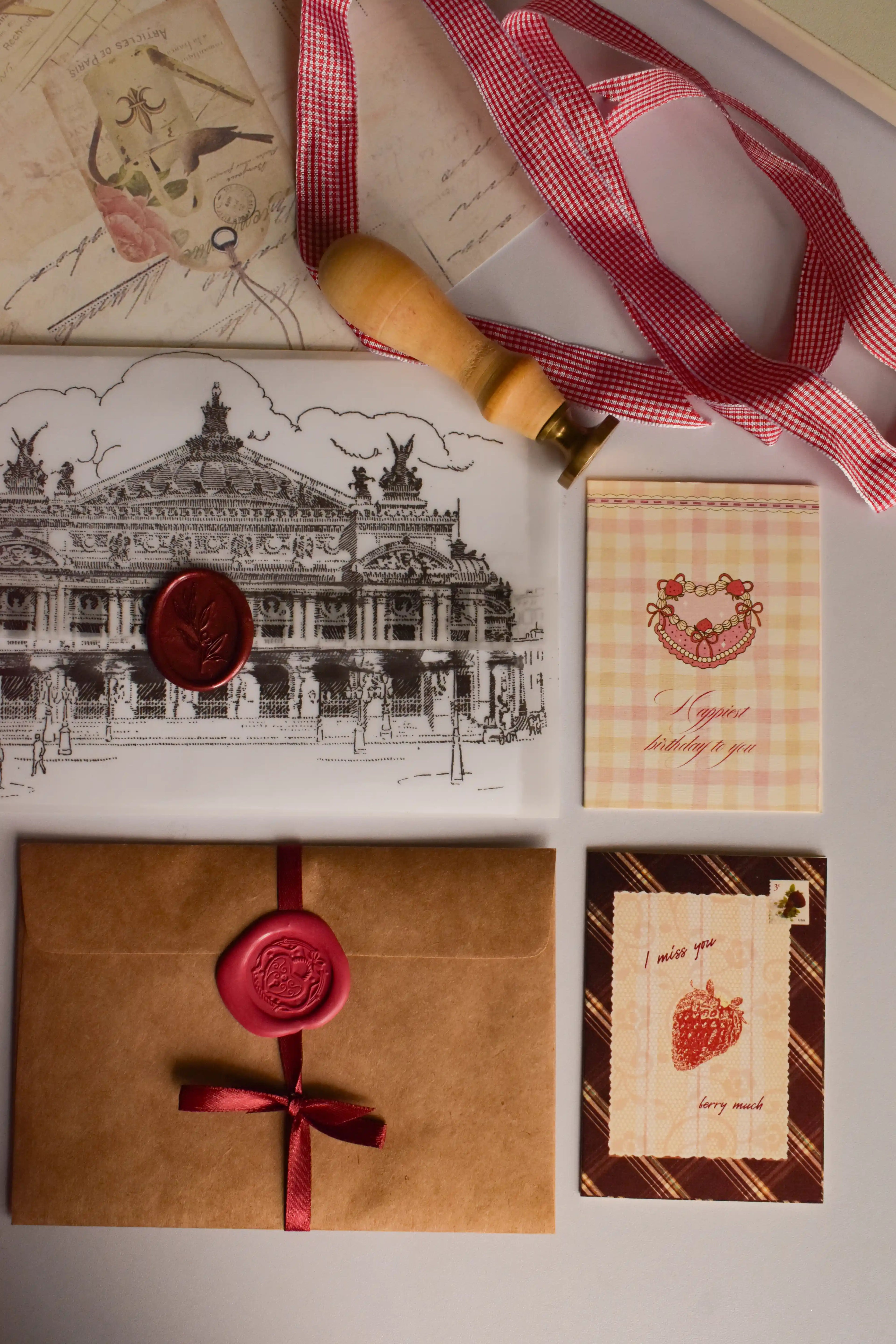 Berry Sweet Birthday Bundle displayed with vintage-inspired paper goods, postcards and birthday cards.