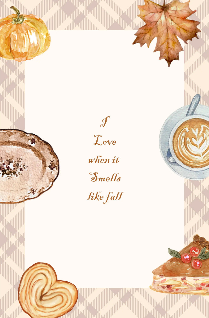 'I love when it smells like fall' big greeting card front design — autumn watercolour pumpkin, maple leaf, latte and cinnamon roll on taupe gingham