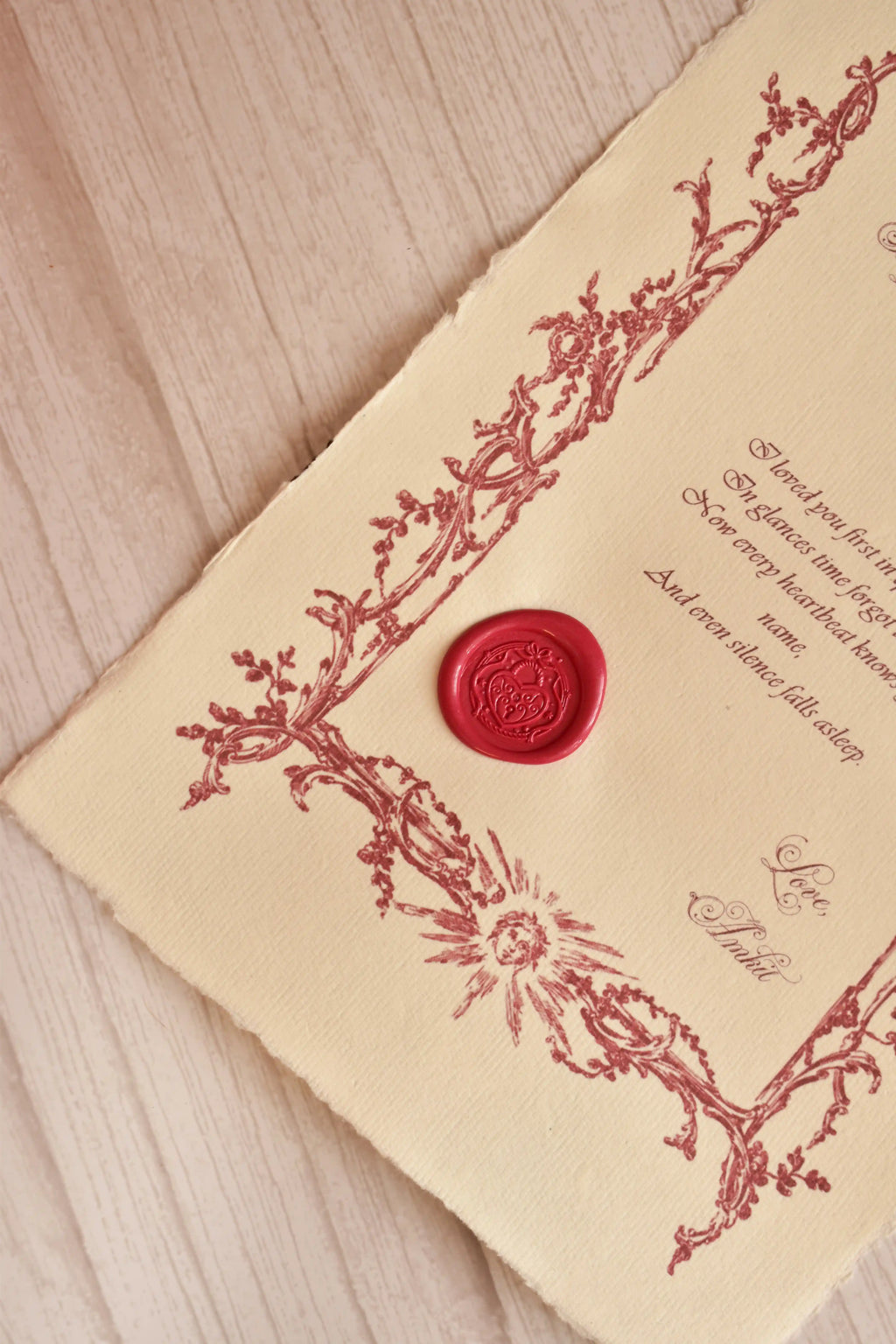 A vintage Valentine love letter is styled with romantic paper details and a red heart wax seal.
