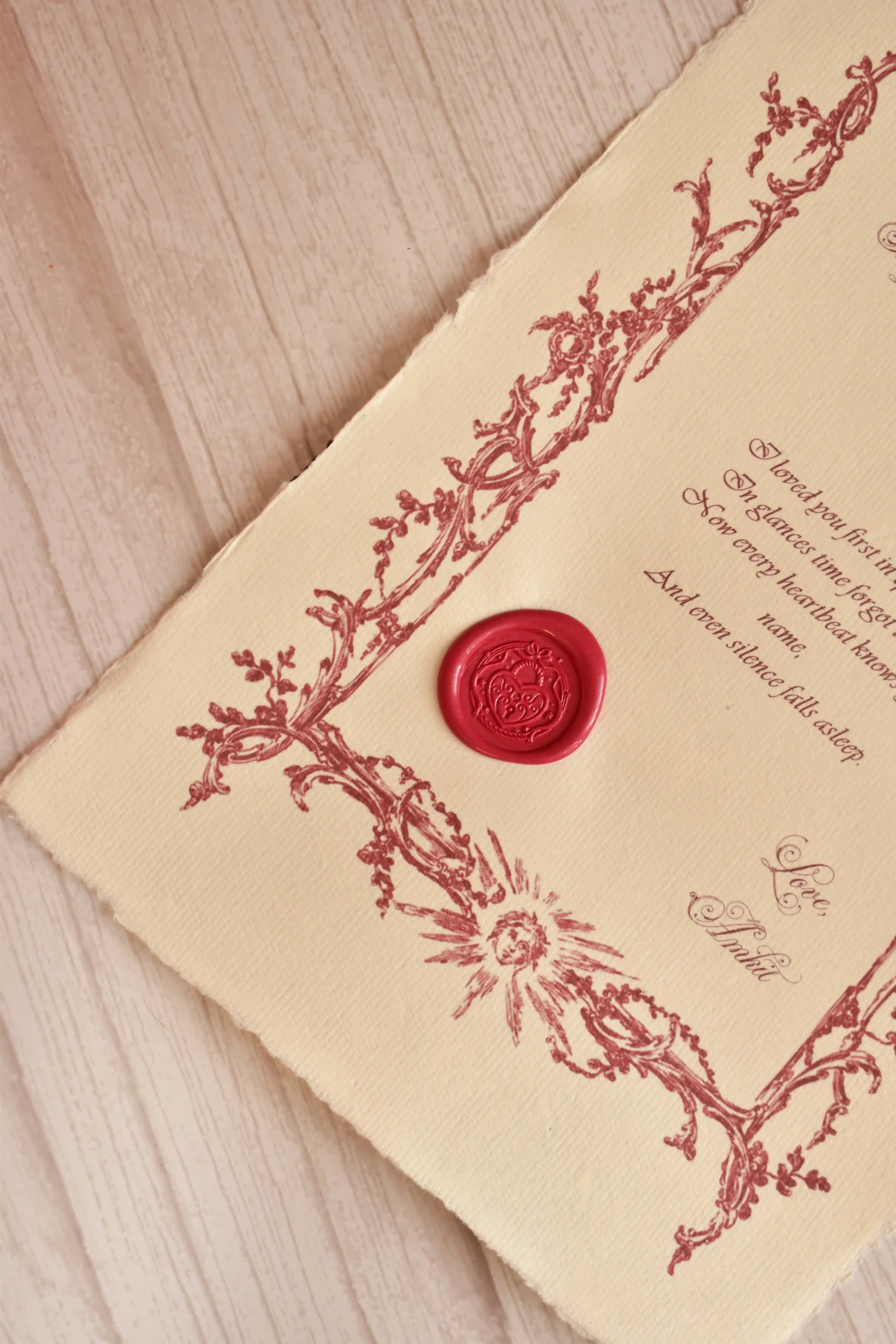 A vintage Valentine love letter is styled with romantic paper details and a red heart wax seal.