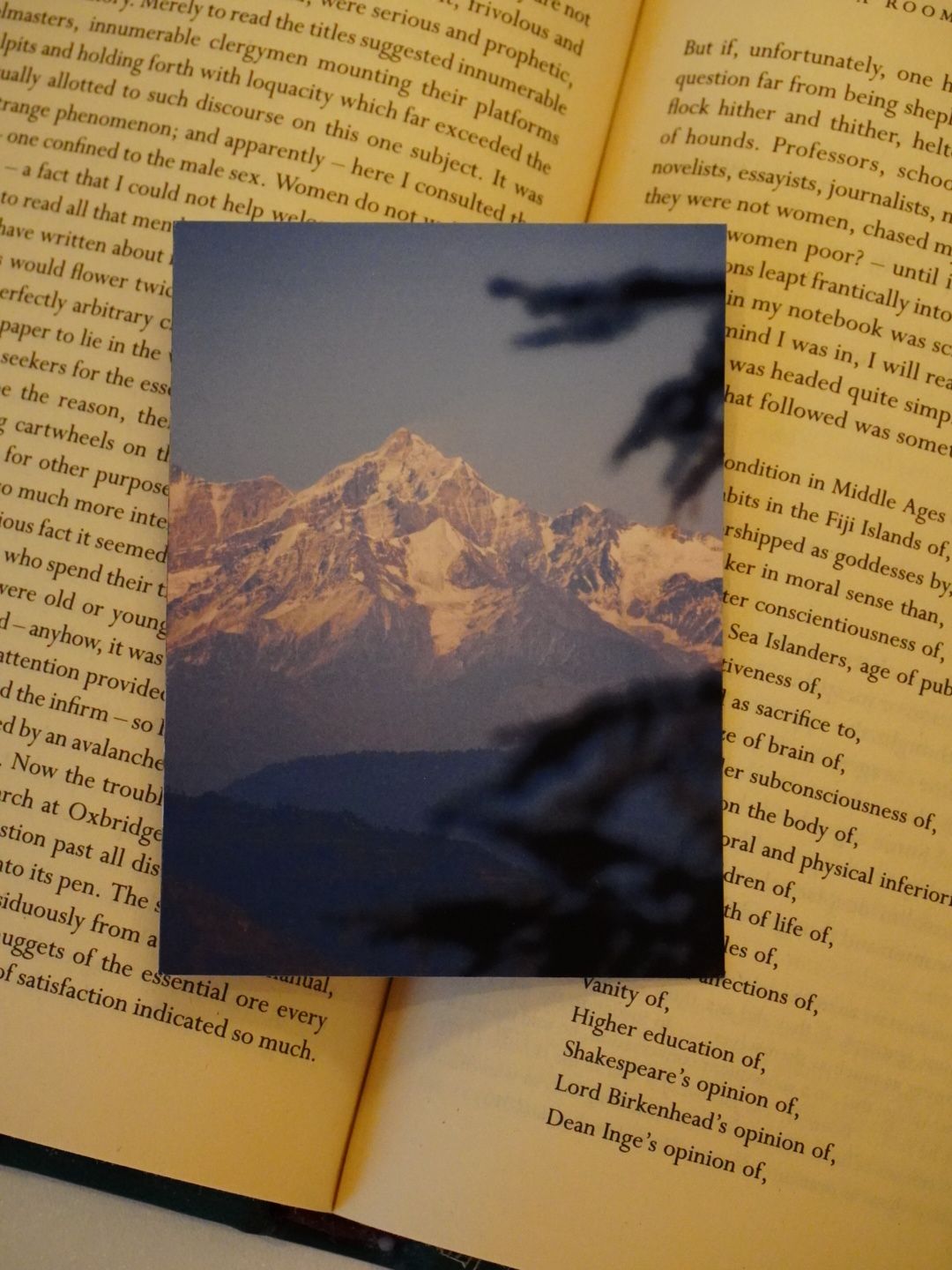 A peaceful Kanatal photo print shows a snow-covered mountain ridge under a muted Uttarakhand sky.