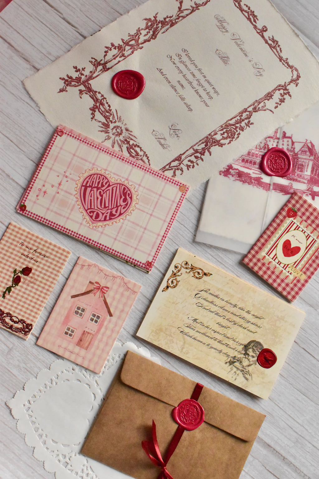 A 12-piece vintage Valentine bundle includes postcards, greeting cards, and a love letter.