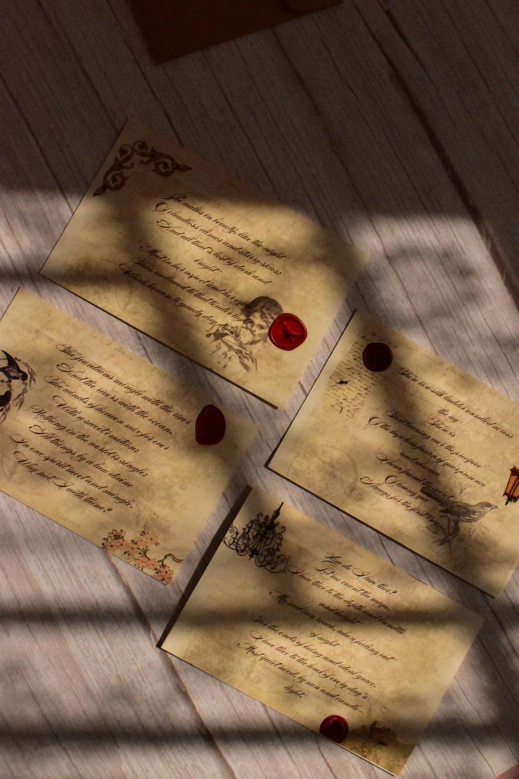 A vintage poetry postcard from the set is styled with a dark academia look.