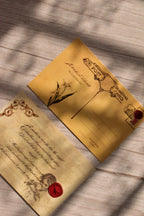 A vintage poetry postcard features dark academia styling with printed poem text on warm neutral paper.