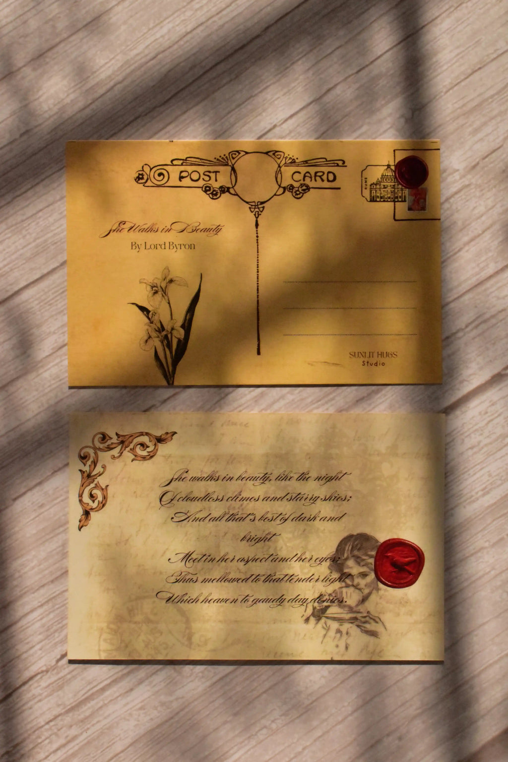 A classic poetry postcard is styled as part of a vintage love poem stationery set.