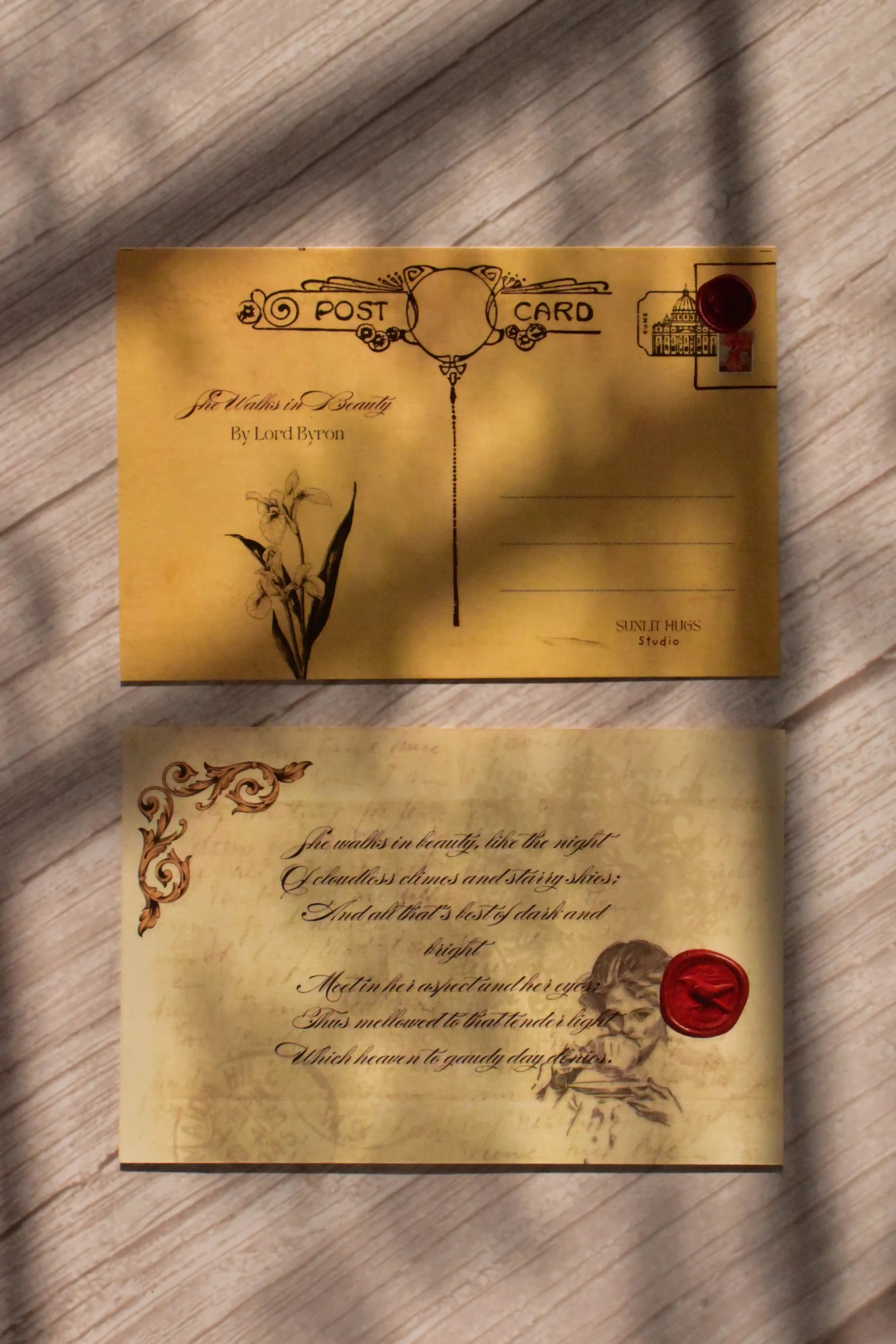 A classic poetry postcard is styled as part of a vintage love poem stationery set.
