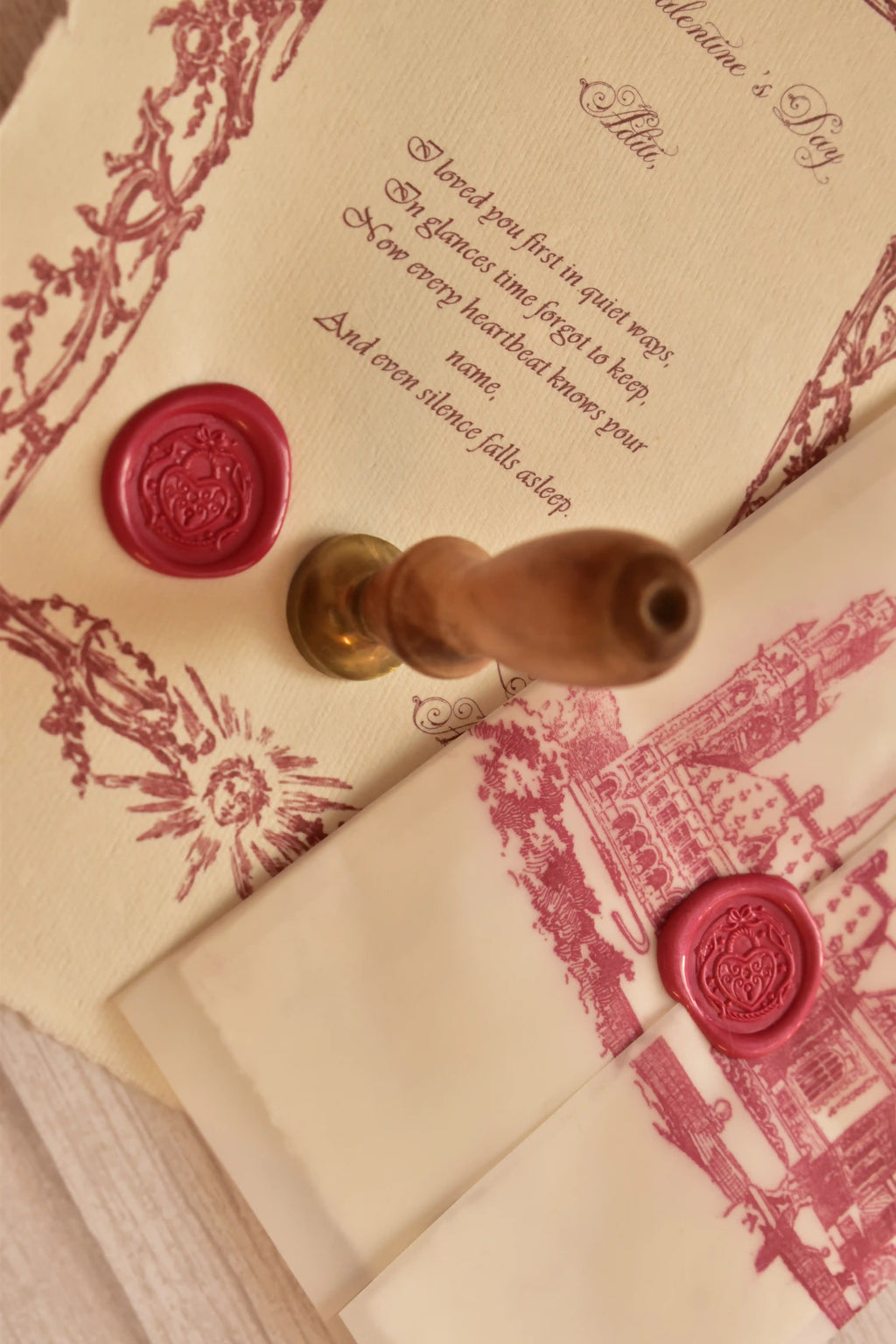 A vintage Valentine love letter is styled with a red heart wax seal.