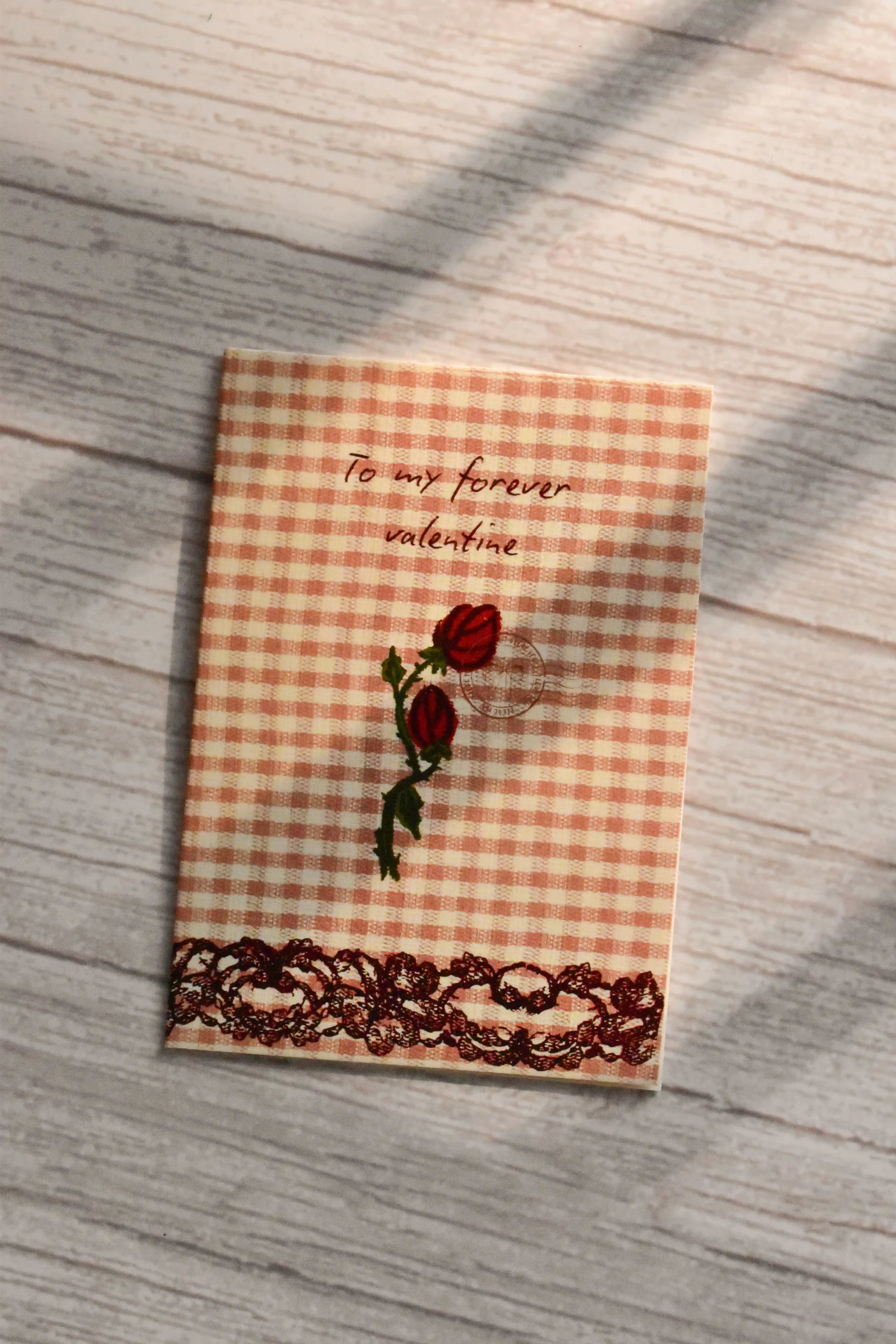 A mini Valentine card shows brown gingham with rose artwork and the phrase My Forever Valentine.