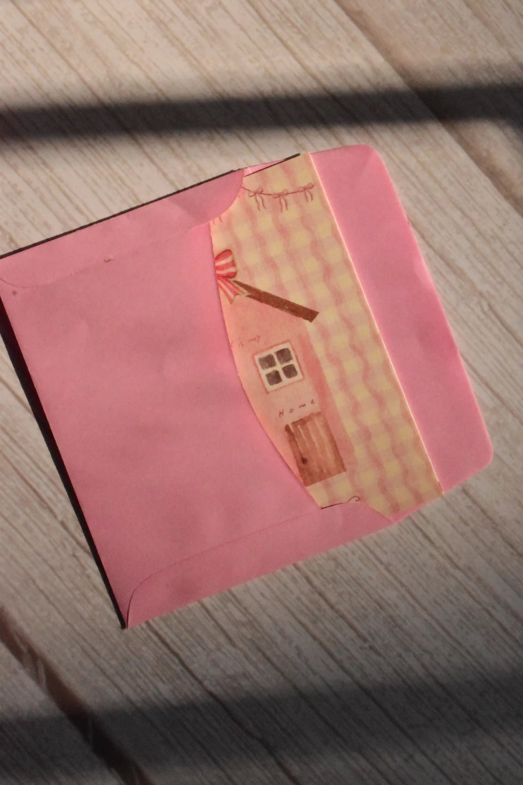 A pink cottage Valentine mini card with a bow design is shown in a soft vintage style.