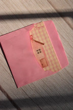 A pink cottage Valentine mini card with a bow design is shown in a soft vintage style.