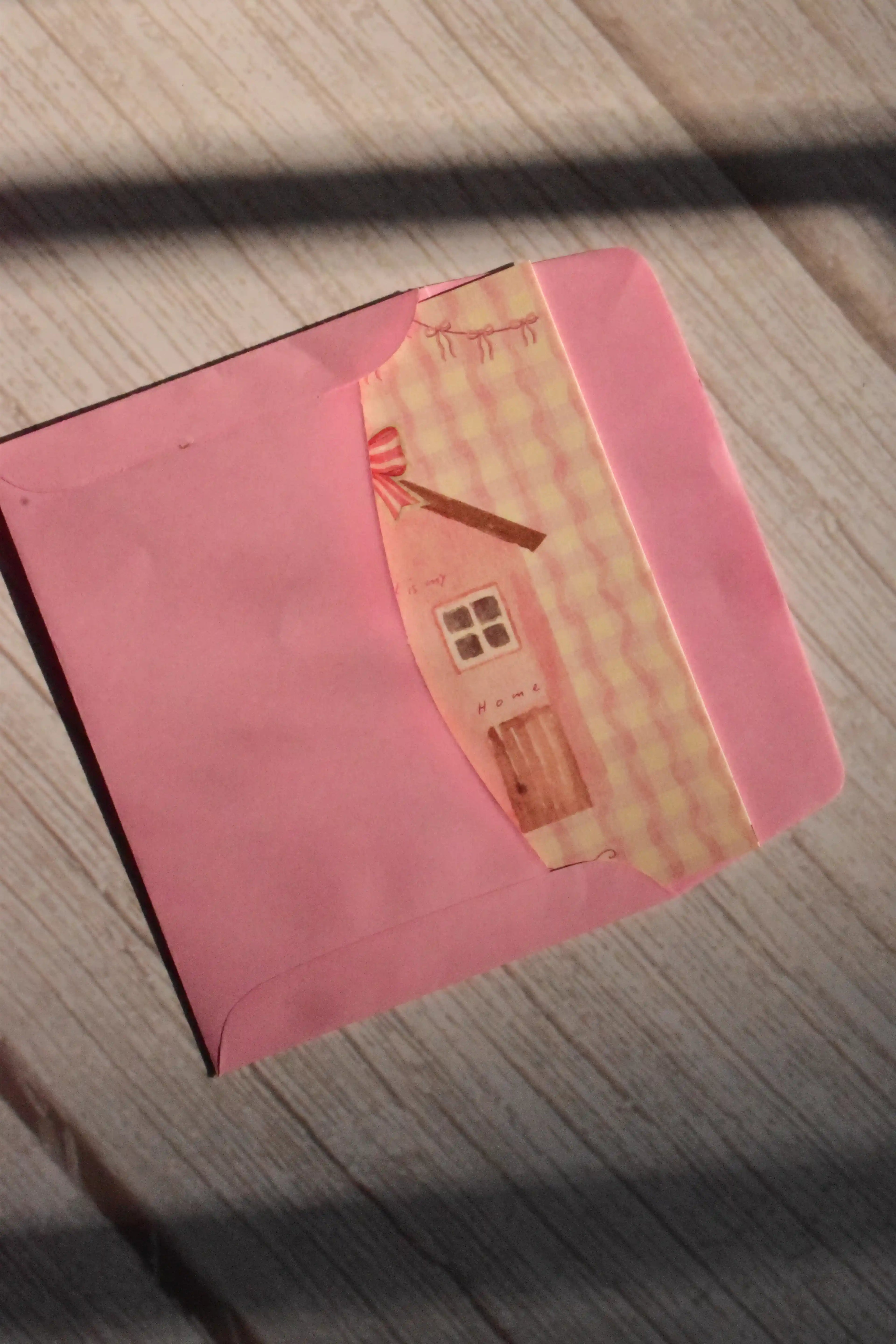 A pink cottage Valentine mini card with a bow design is shown in a soft vintage style.