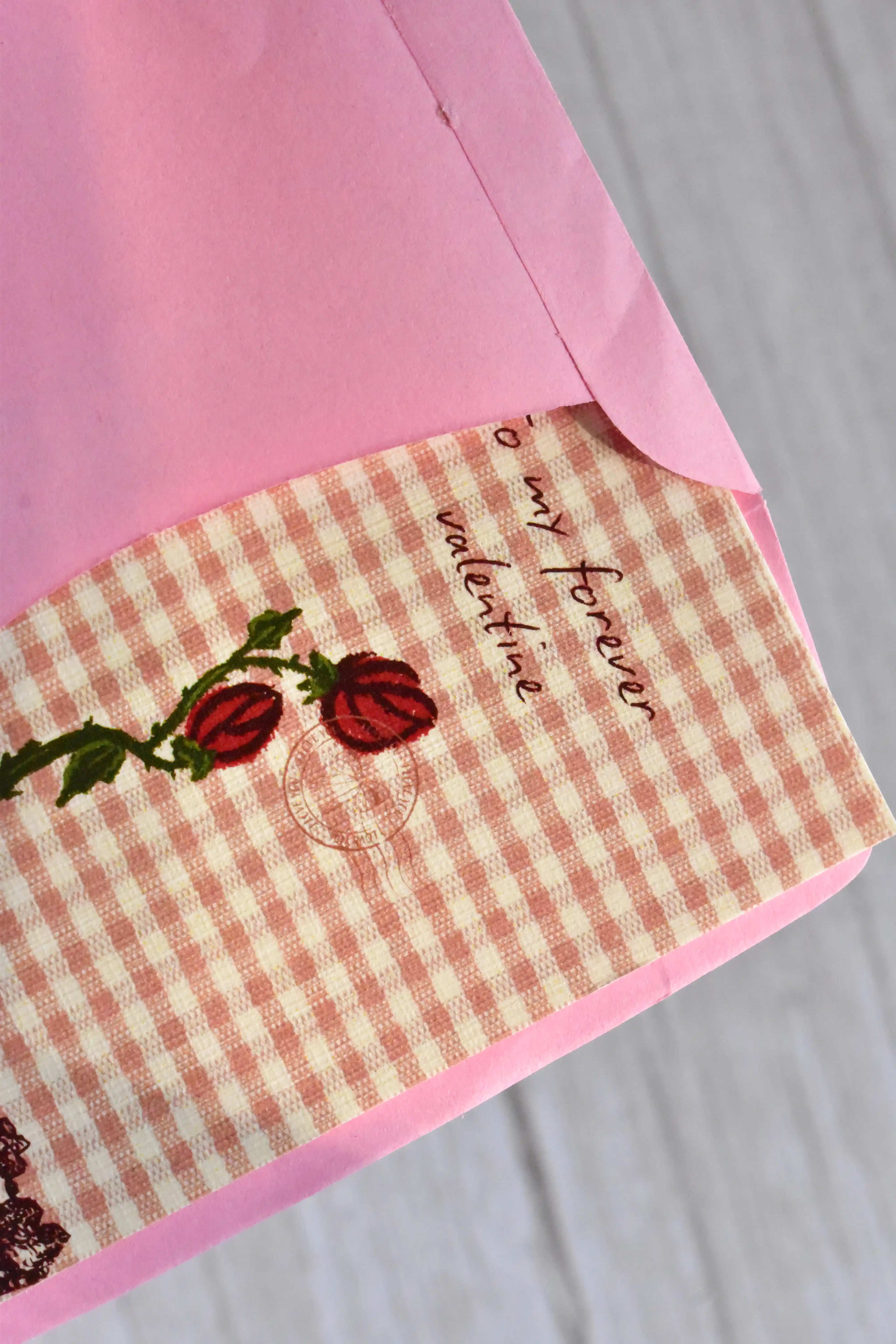 A mini My Forever Valentine card is styled with brown gingham, rose artwork, and a vintage romantic feel.