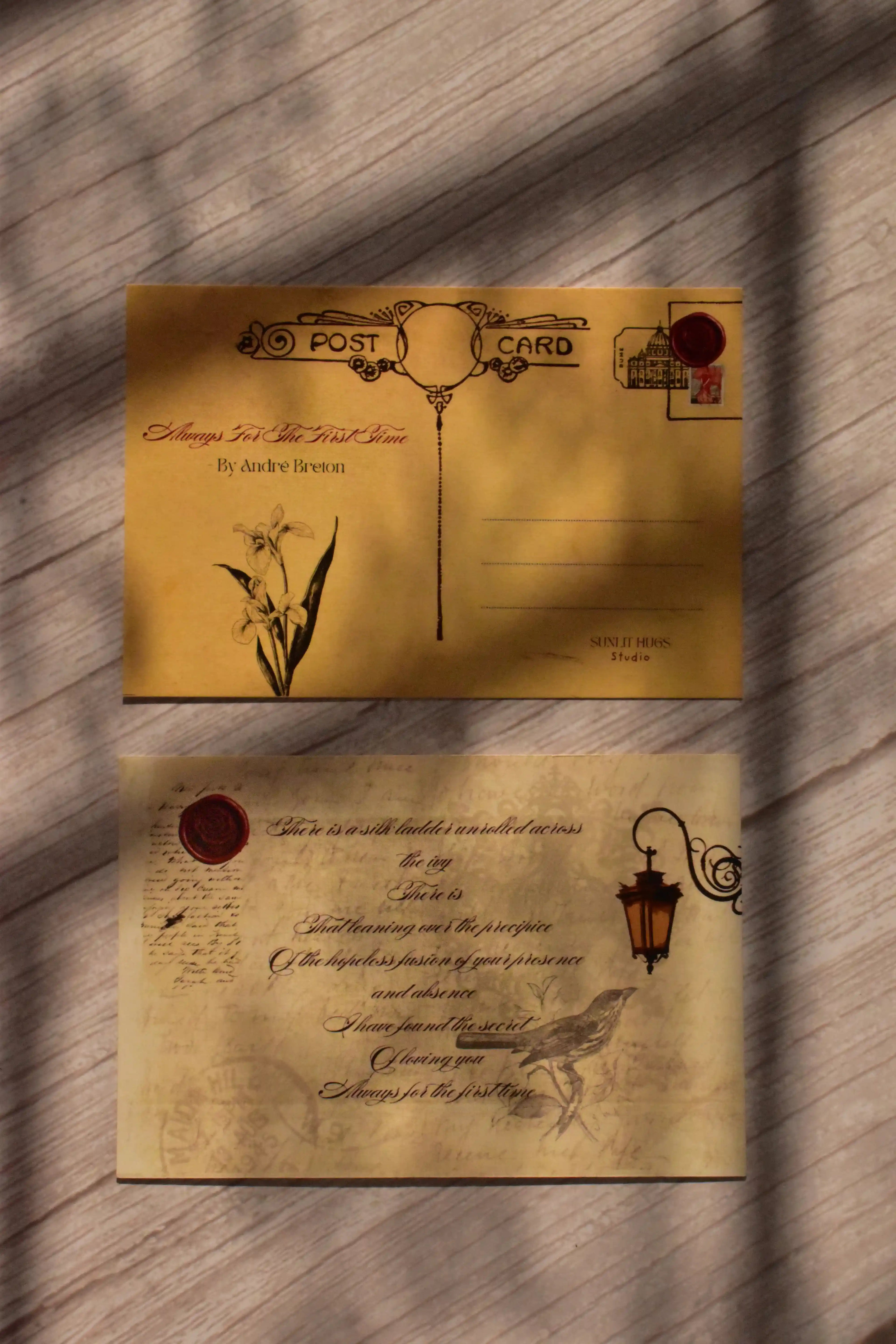 A dark academia-style postcard presents a classic love poem in printed text on aged paper.