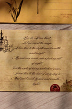 A dark academia love poem postcard is shown with vintage paper styling.