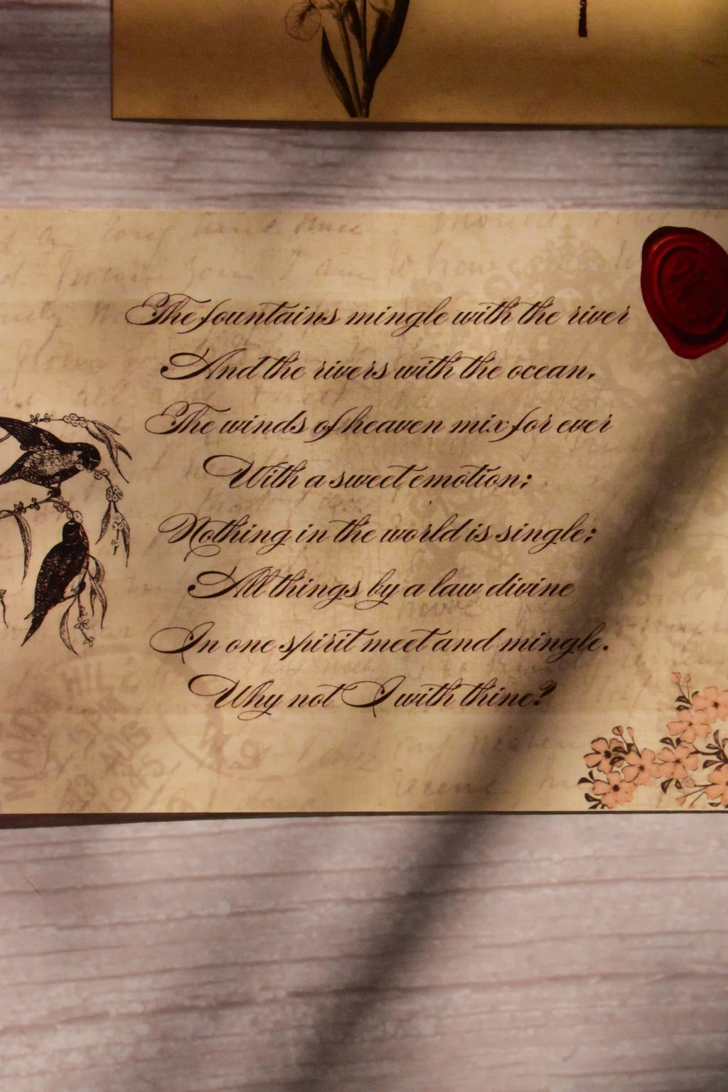 A set of classic love poem postcards is styled with dark academia tones and vintage paper details.