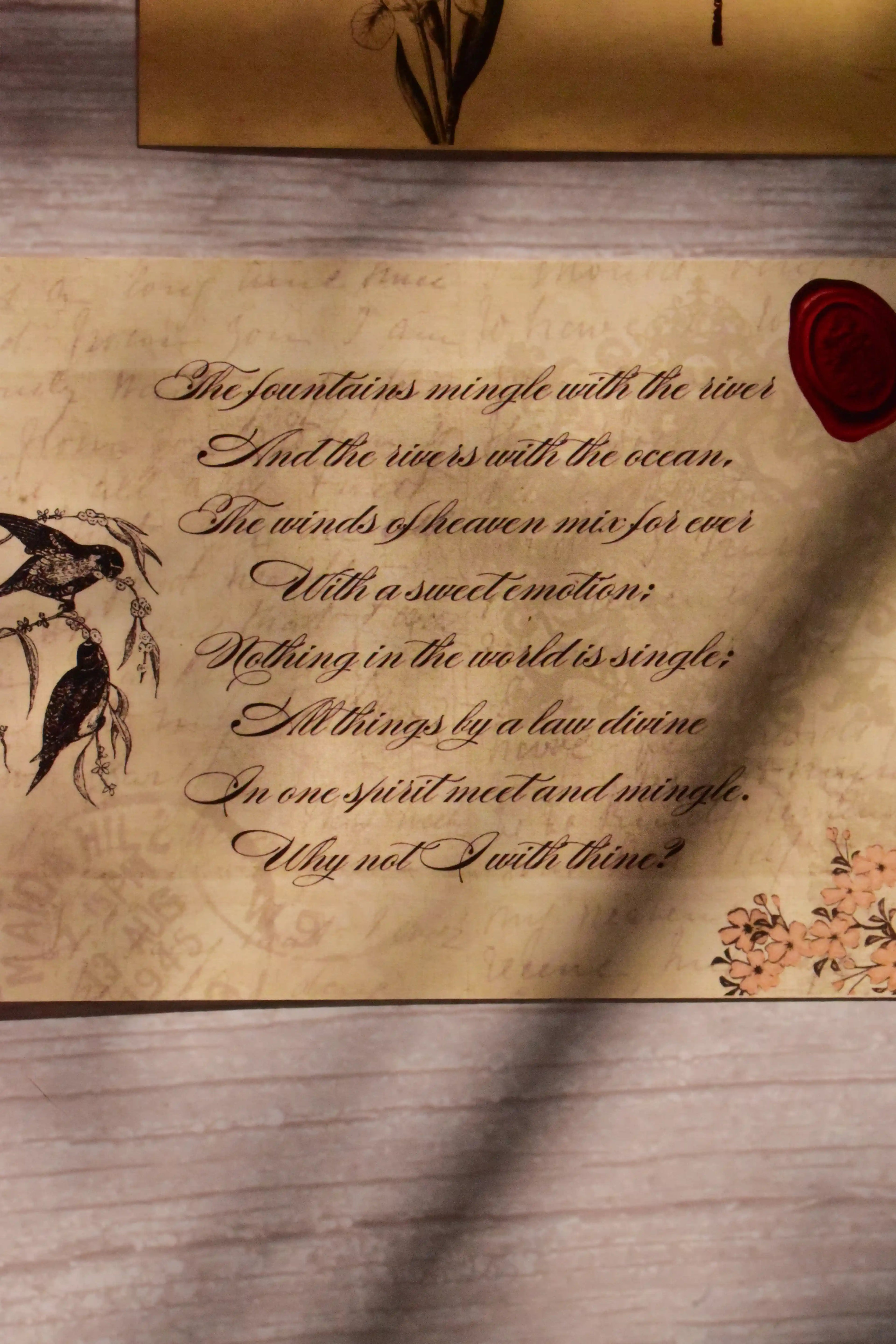 A set of classic love poem postcards is styled with dark academia tones and vintage paper details.