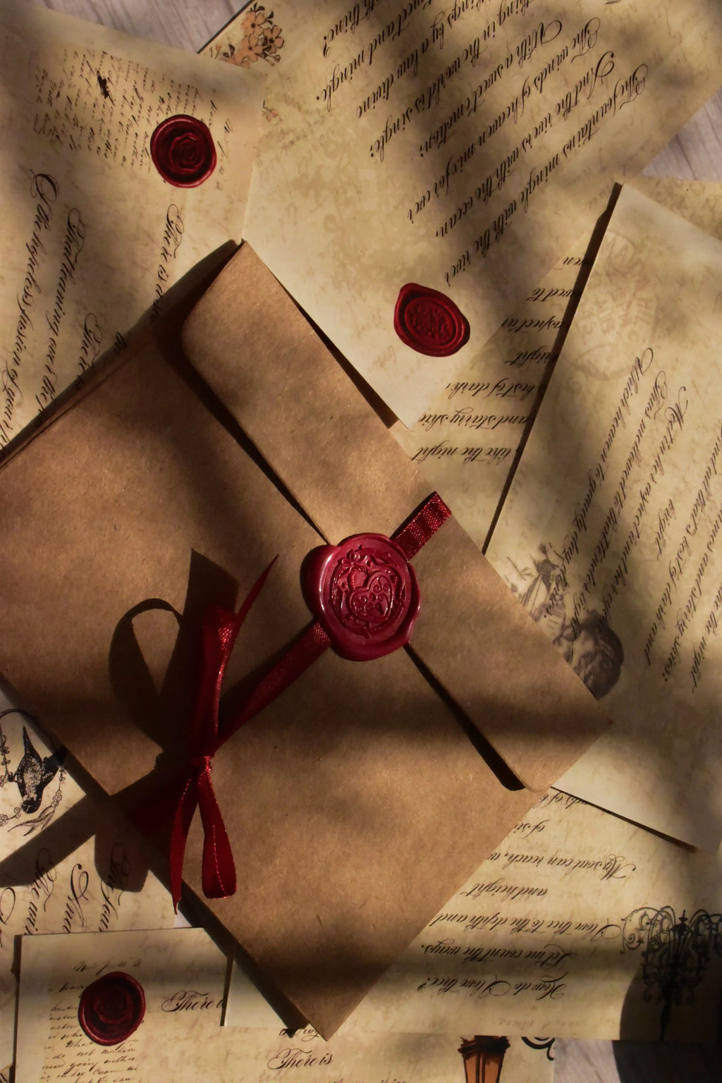 Four vintage poetry postcards are displayed as a coordinated literary stationery set.
