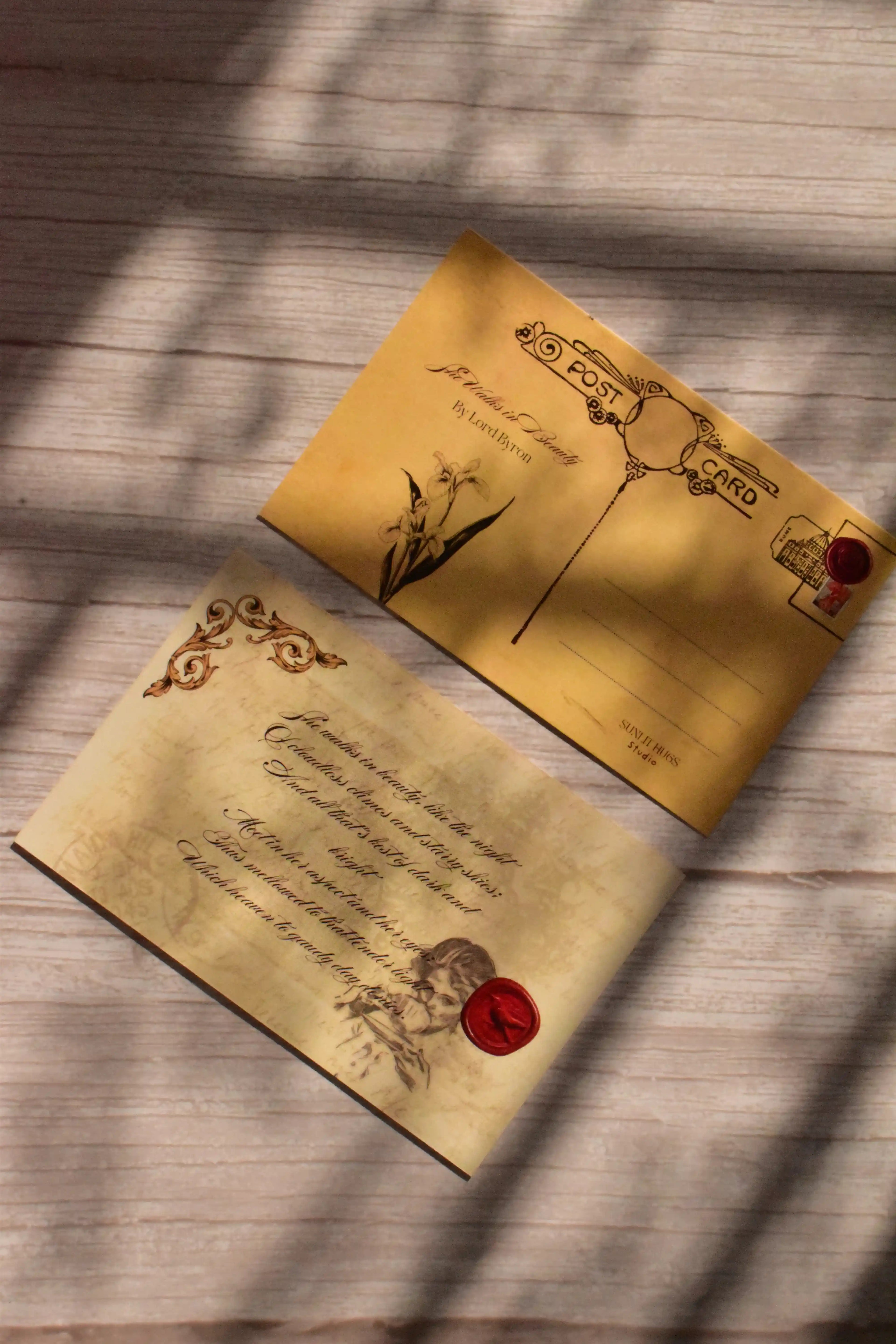 A vintage love poem postcard is shown with cream paper, serif text, and old-world literary styling.
