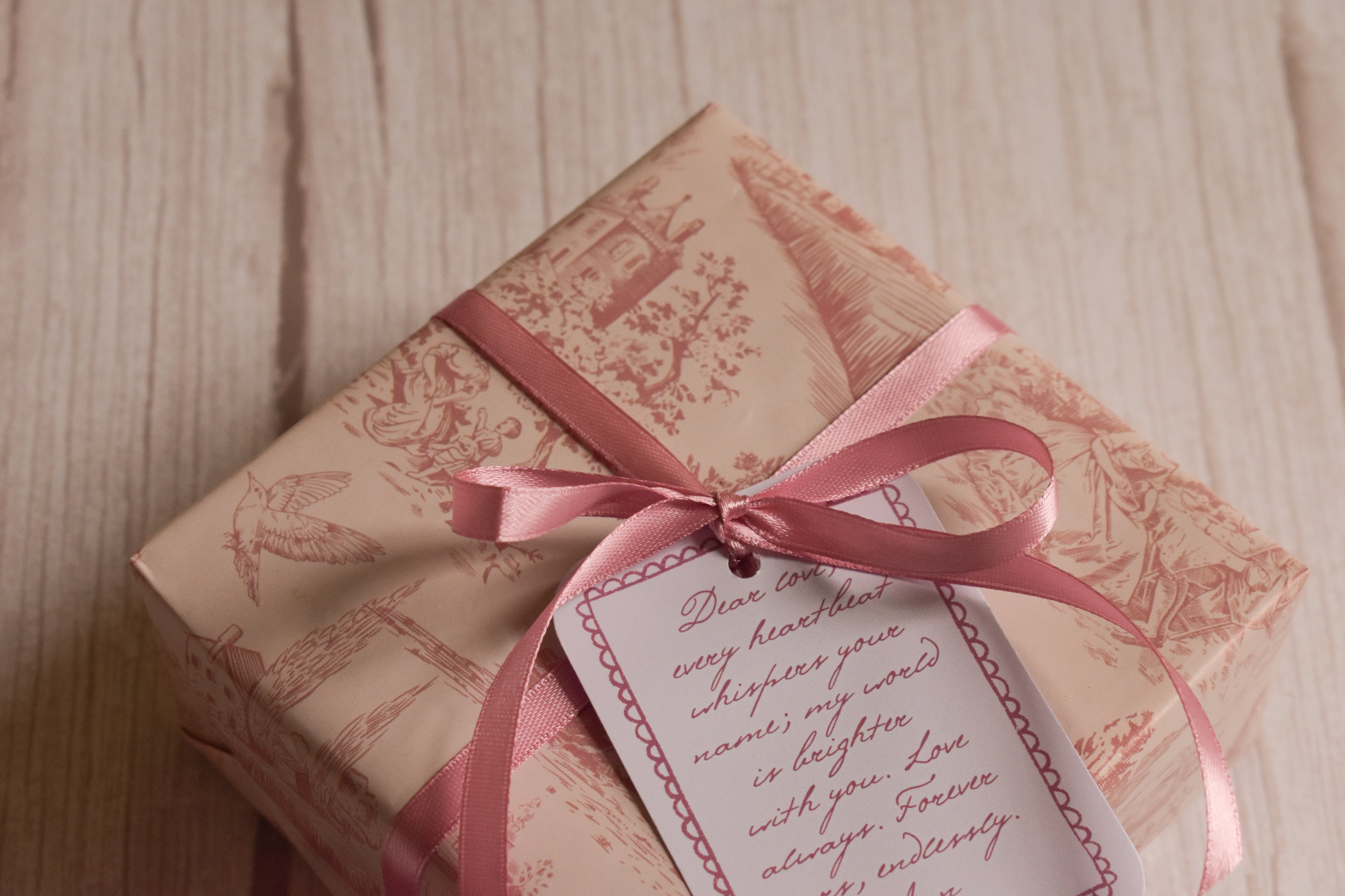 A gift wrapped in soft cream and dusty rose toile-style paper featuring birds, trees, figures and vintage architecture, finished with a rose pink ribbon bow and decorative message tag.